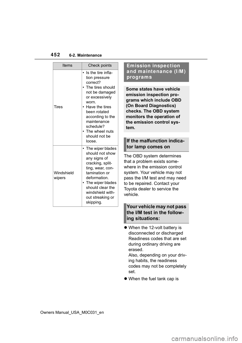TOYOTA TUNDRA HYBRID 2022 Owners Manual 4526-2. Maintenance
Owners Manual_USA_M0C031_en
The OBD system determines
that a problem exists some-
where in the emission control
system. Your vehicle may not
pass the I/M test and may need
to b TOYOTA TUNDRA HYBRID 2022 Owners Manual 4526-2. Maintenance
Owners Manual_USA_M0C031_en
The OBD system determines
that a problem exists some-
where in the emission control
system. Your vehicle may not
pass the I/M test and may need
to b