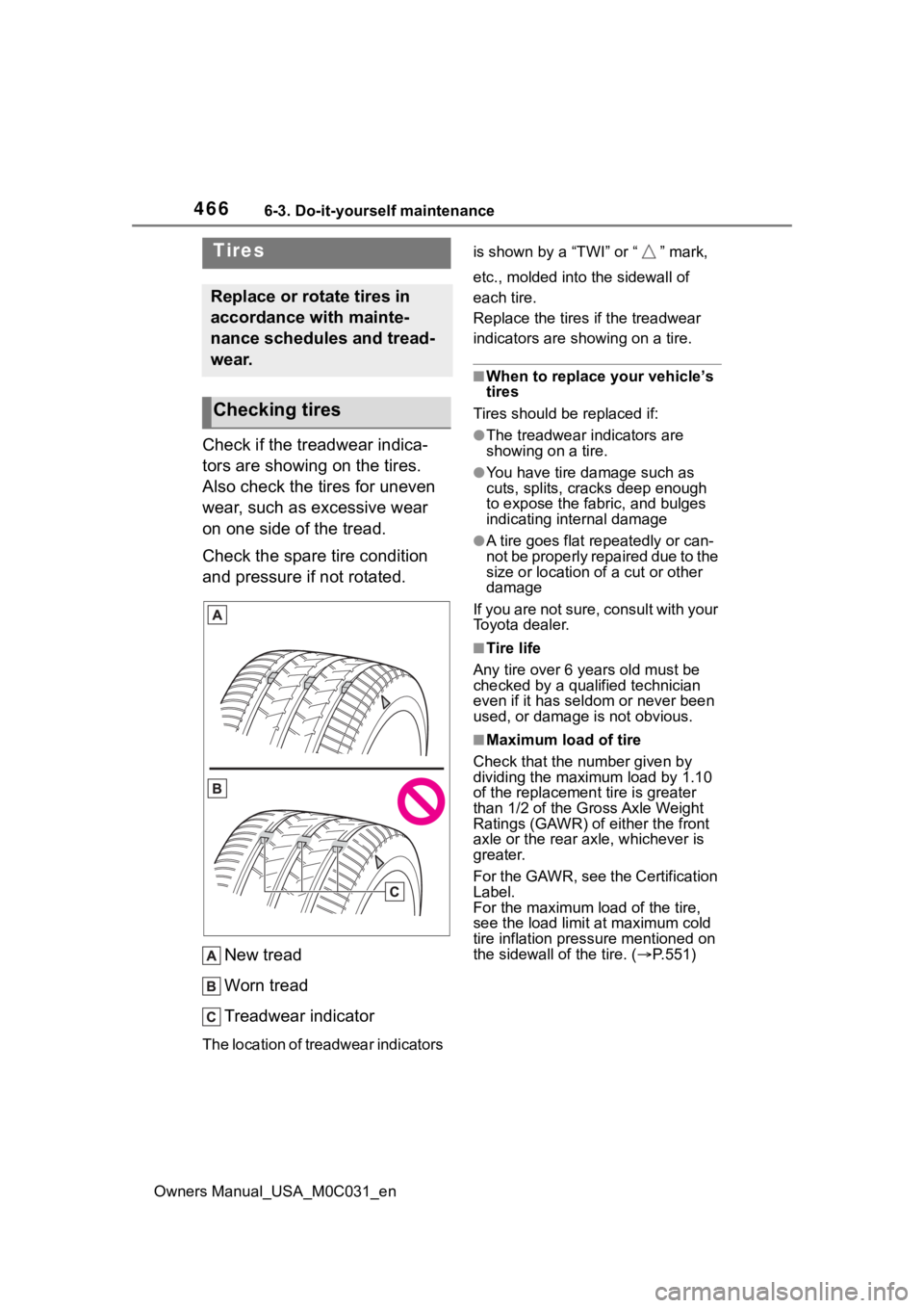 TOYOTA TUNDRA HYBRID 2022 Owners Manual 4666-3. Do-it-yourself maintenance
Owners Manual_USA_M0C031_en
Check if the treadwear indica-
tors are showing on the tires.
Also check the tires for uneven
wear, such as excessive wear
on one side TOYOTA TUNDRA HYBRID 2022 Owners Manual 4666-3. Do-it-yourself maintenance
Owners Manual_USA_M0C031_en
Check if the treadwear indica-
tors are showing on the tires.
Also check the tires for uneven
wear, such as excessive wear
on one side