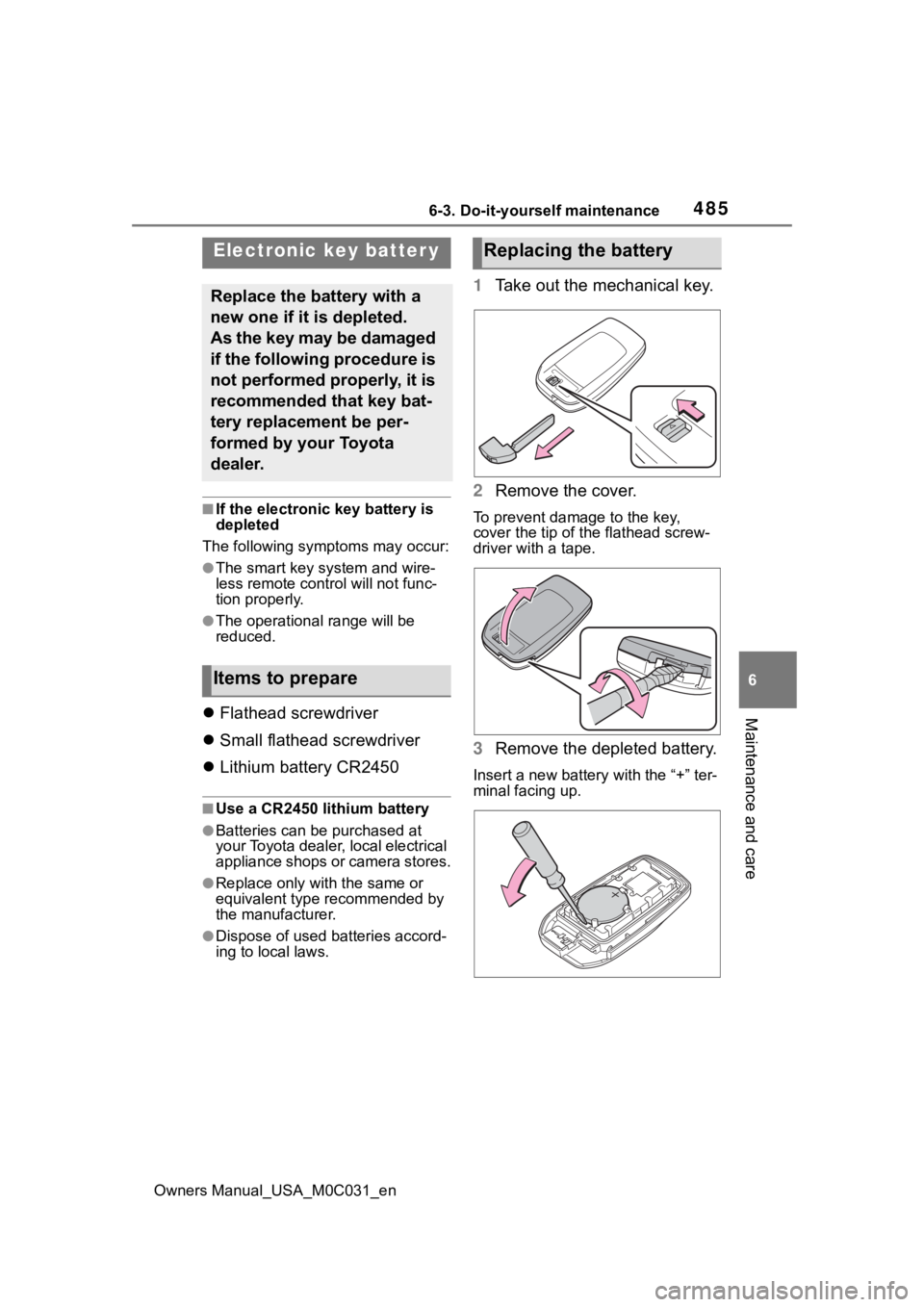 TOYOTA TUNDRA HYBRID 2022 Owners Manual 4856-3. Do-it-yourself maintenance
Owners Manual_USA_M0C031_en
6
Maintenance and care
■If the electronic key battery is
depleted
The following symptoms may occur:
●The smart key system and wire-
TOYOTA TUNDRA HYBRID 2022 Owners Manual 4856-3. Do-it-yourself maintenance
Owners Manual_USA_M0C031_en
6
Maintenance and care
■If the electronic key battery is
depleted
The following symptoms may occur:
●The smart key system and wire-