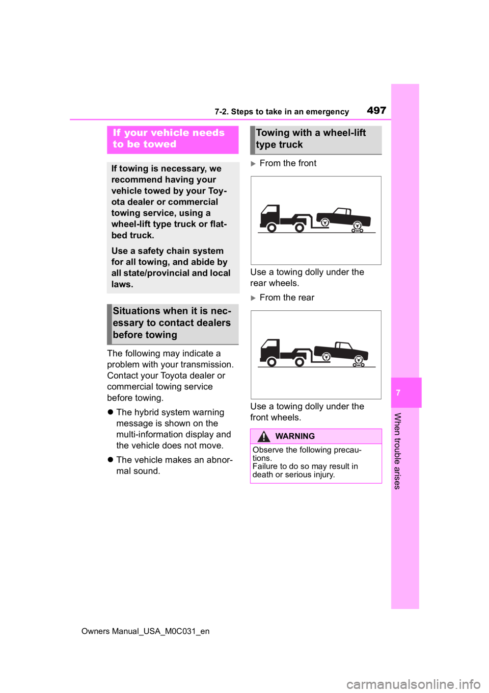 TOYOTA TUNDRA HYBRID 2022 Owners Manual 4977-2. Steps to take in an emergency
Owners Manual_USA_M0C031_en
7
When trouble arises
7-2.Steps to take in an emergency
The following may indicate a
problem with your transmission.
Contact your To TOYOTA TUNDRA HYBRID 2022 Owners Manual 4977-2. Steps to take in an emergency
Owners Manual_USA_M0C031_en
7
When trouble arises
7-2.Steps to take in an emergency
The following may indicate a
problem with your transmission.
Contact your To