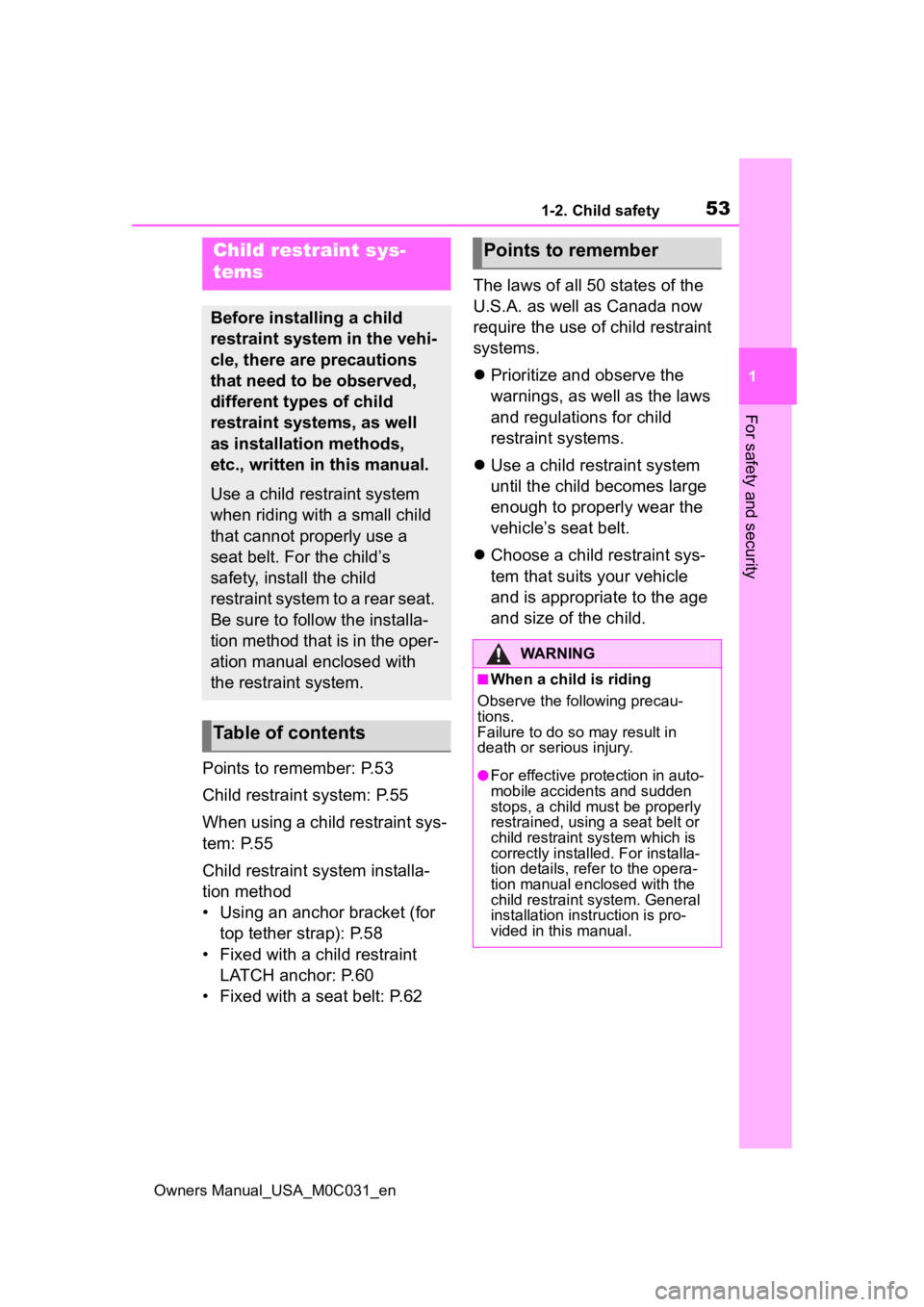 TOYOTA TUNDRA HYBRID 2022 Workshop Manual 531-2. Child safety
Owners Manual_USA_M0C031_en
1
For safety and security
Points to remember: P.53
Child restraint system: P.55
When using a child restraint sys-
tem: P.55
Child restraint system insta TOYOTA TUNDRA HYBRID 2022 Workshop Manual 531-2. Child safety
Owners Manual_USA_M0C031_en
1
For safety and security
Points to remember: P.53
Child restraint system: P.55
When using a child restraint sys-
tem: P.55
Child restraint system insta