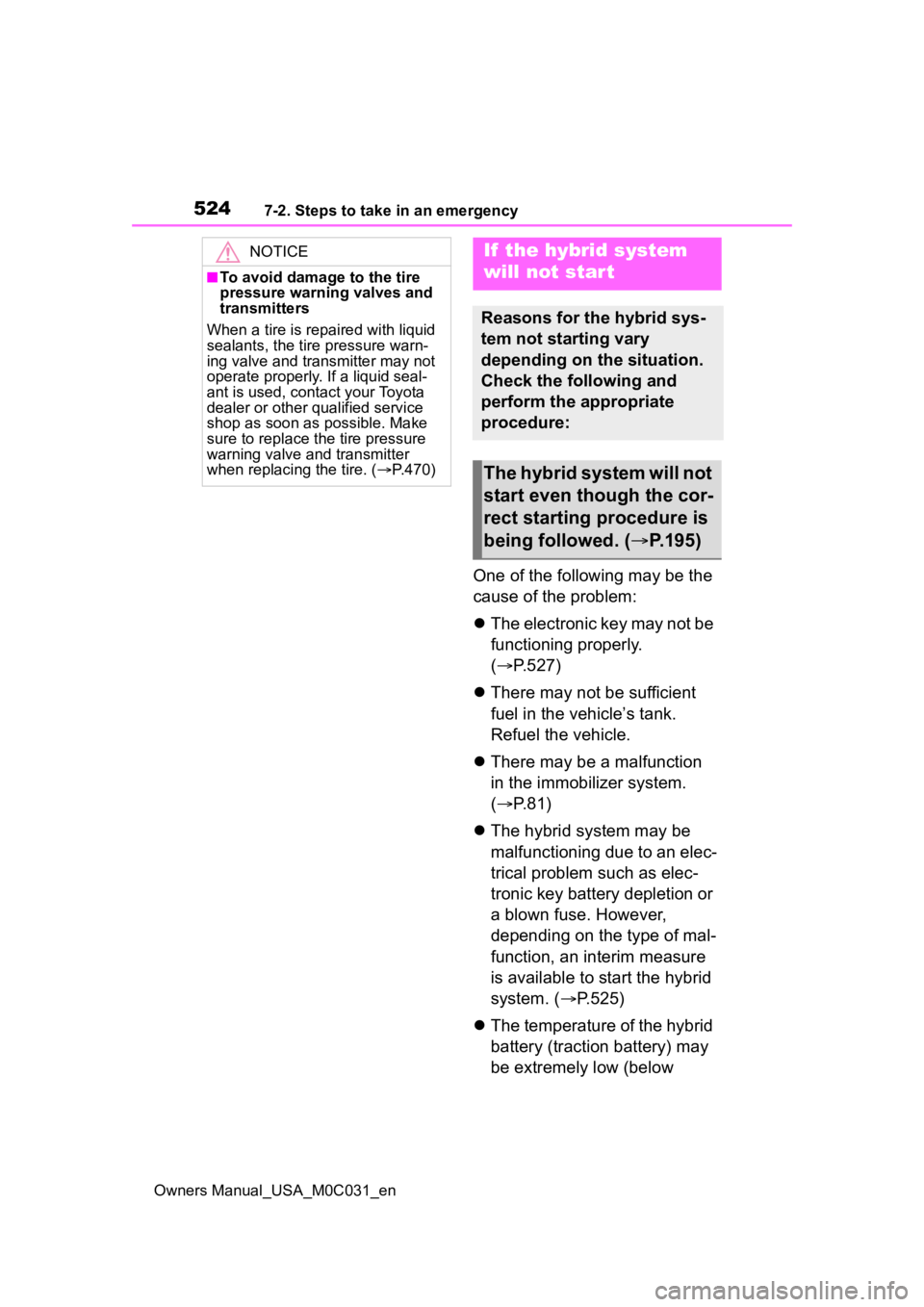 TOYOTA TUNDRA HYBRID 2022 Owners Manual 5247-2. Steps to take in an emergency
Owners Manual_USA_M0C031_en
One of the following may be the
cause of the problem:
The electronic key may not be
functioning properly.
( P.527)
There TOYOTA TUNDRA HYBRID 2022 Owners Manual 5247-2. Steps to take in an emergency
Owners Manual_USA_M0C031_en
One of the following may be the
cause of the problem:
The electronic key may not be
functioning properly.
( P.527)
There