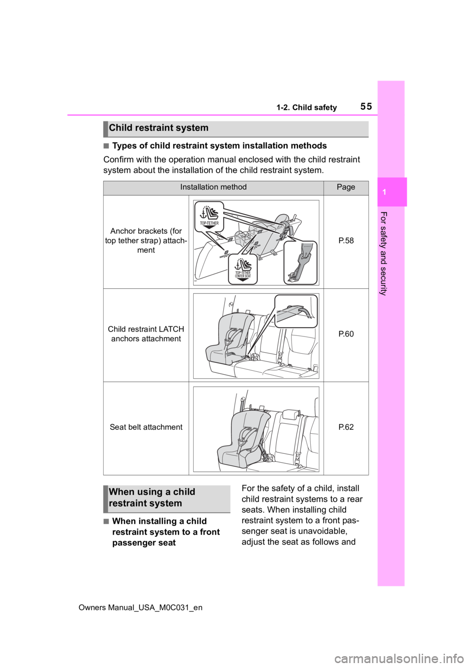 TOYOTA TUNDRA HYBRID 2022 Workshop Manual 551-2. Child safety
Owners Manual_USA_M0C031_en
1
For safety and security
■Types of child restraint system installation methods
Confirm with the operation manual enclosed with the child restr aint
TOYOTA TUNDRA HYBRID 2022 Workshop Manual 551-2. Child safety
Owners Manual_USA_M0C031_en
1
For safety and security
■Types of child restraint system installation methods
Confirm with the operation manual enclosed with the child restr aint