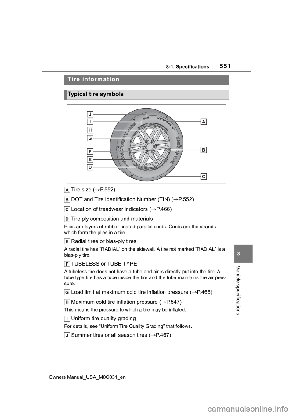 TOYOTA TUNDRA HYBRID 2022 Owners Manual 5518-1. Specifications
Owners Manual_USA_M0C031_en
8
Vehicle specifications
Tire size ( P.552)
DOT and Tire Identification Number (TIN) ( P.552)
Location of treadwear indicators ( P.466)
Tire TOYOTA TUNDRA HYBRID 2022 Owners Manual 5518-1. Specifications
Owners Manual_USA_M0C031_en
8
Vehicle specifications
Tire size ( P.552)
DOT and Tire Identification Number (TIN) ( P.552)
Location of treadwear indicators ( P.466)
Tire