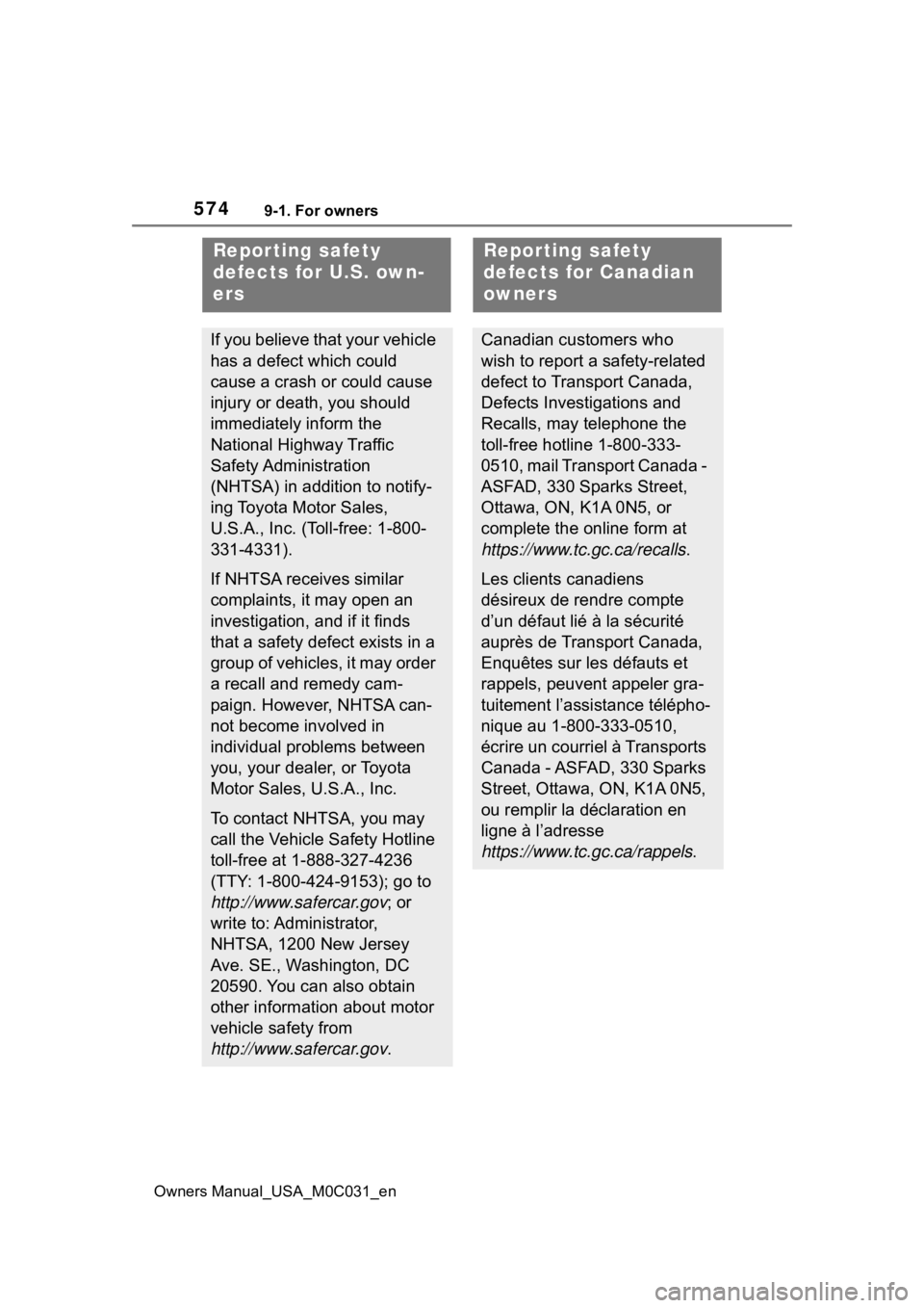 TOYOTA TUNDRA HYBRID 2022 Owners Manual 5749-1. For owners
Owners Manual_USA_M0C031_en
9-1.For owners
Repor ting safety
defects for U.S. own-
ers
If you believe that your vehicle
has a defect which could
cause a crash or could cause
inj TOYOTA TUNDRA HYBRID 2022 Owners Manual 5749-1. For owners
Owners Manual_USA_M0C031_en
9-1.For owners
Repor ting safety
defects for U.S. own-
ers
If you believe that your vehicle
has a defect which could
cause a crash or could cause
inj
