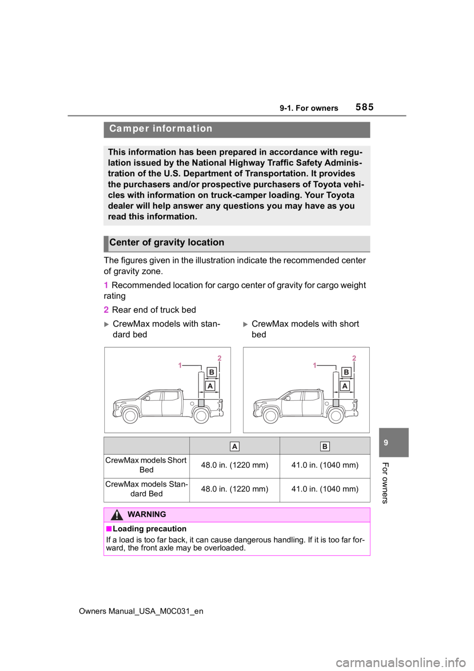 TOYOTA TUNDRA HYBRID 2022 Owners Manual 5859-1. For owners
Owners Manual_USA_M0C031_en
9
For owners
The figures given in the illustra tion indicate the recommended center
of gravity zone.
1 Recommended location for cargo center of gravit TOYOTA TUNDRA HYBRID 2022 Owners Manual 5859-1. For owners
Owners Manual_USA_M0C031_en
9
For owners
The figures given in the illustra tion indicate the recommended center
of gravity zone.
1 Recommended location for cargo center of gravit