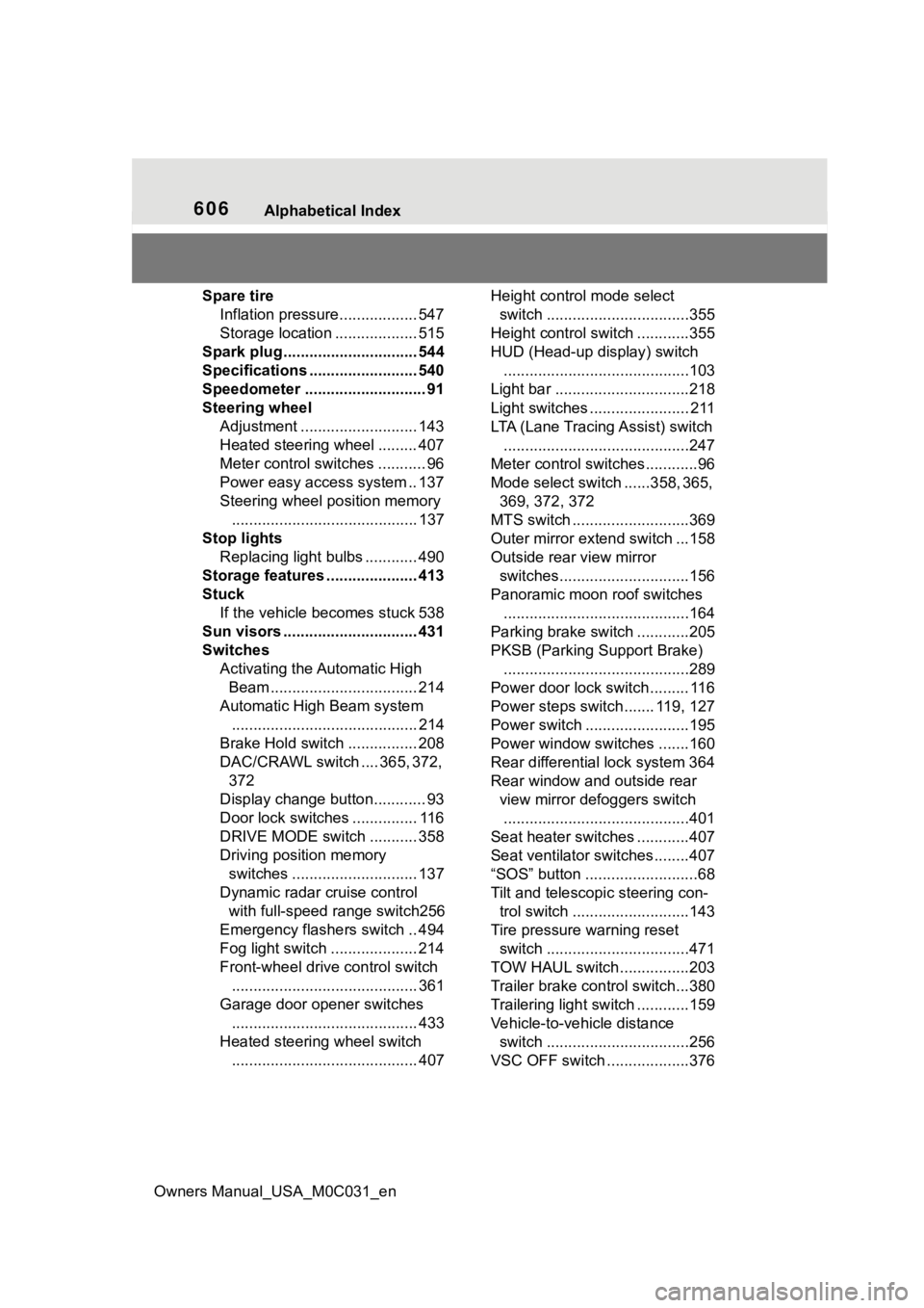 TOYOTA TUNDRA HYBRID 2022  Owners Manual 606Alphabetical Index
Owners Manual_USA_M0C031_en
Spare tire Inflation pressure.................. 547
Storage location ................... 515
Spark plug ............................... 544
Specificat