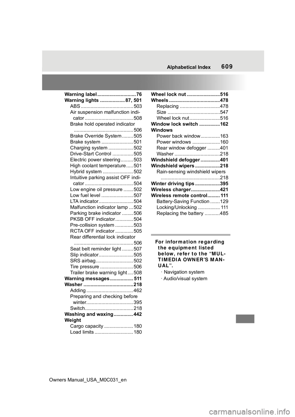 TOYOTA TUNDRA HYBRID 2022  Owners Manual Owners Manual_USA_M0C031_en
Alphabetical Index609
Warning label ............................ 76
Warning lights .................. 87, 501ABS ...................................... 503
Air suspension m