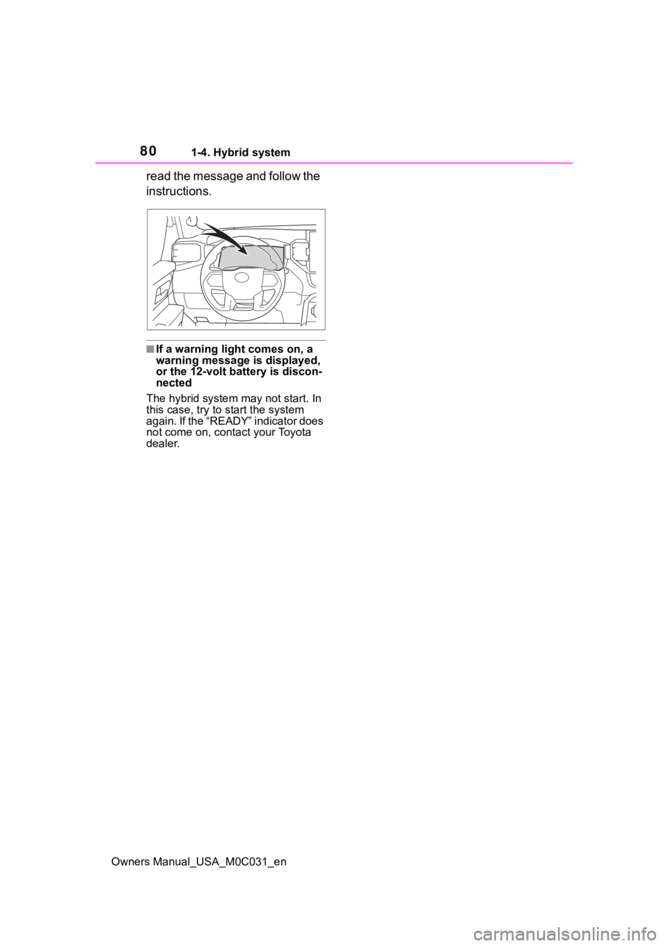 TOYOTA TUNDRA HYBRID 2022 Manual PDF 801-4. Hybrid system
Owners Manual_USA_M0C031_en
read the message and follow the
instructions.
■If a warning light comes on, a
warning message is displayed,
or the 12-volt battery is discon-
nect TOYOTA TUNDRA HYBRID 2022 Manual PDF 801-4. Hybrid system
Owners Manual_USA_M0C031_en
read the message and follow the
instructions.
■If a warning light comes on, a
warning message is displayed,
or the 12-volt battery is discon-
nect