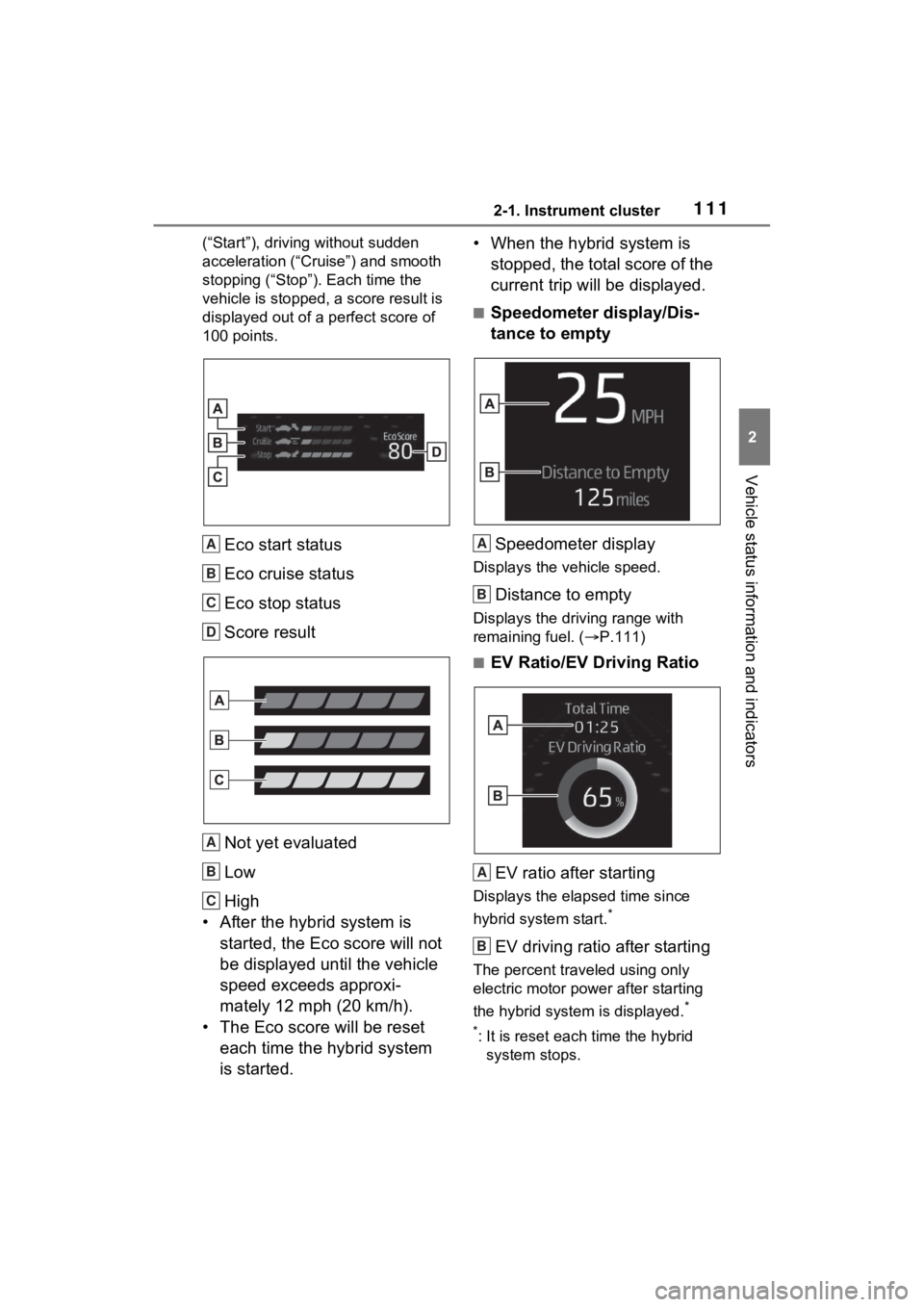 TOYOTA VENZA HYBRID 2022 Owners Manual 1112-1. Instrument cluster
2
Vehicle status information and indicators
(“Start”), driving without sudden
acceleration (“Cruise”) and smooth
stopping (“Stop”). Each time the
vehicle is s TOYOTA VENZA HYBRID 2022 Owners Manual 1112-1. Instrument cluster
2
Vehicle status information and indicators
(“Start”), driving without sudden
acceleration (“Cruise”) and smooth
stopping (“Stop”). Each time the
vehicle is s