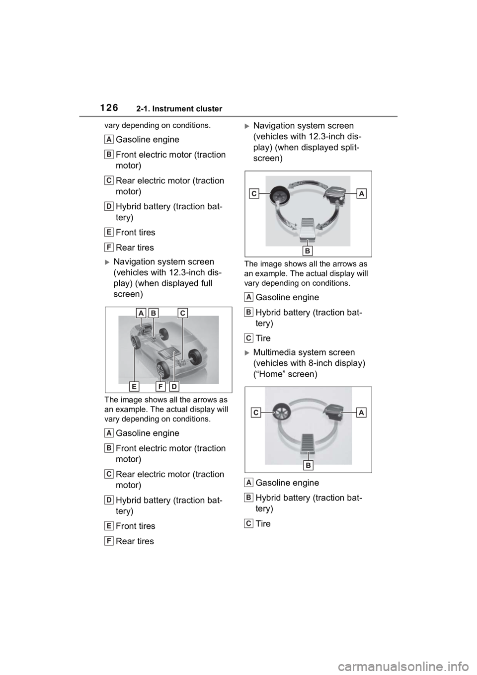 TOYOTA VENZA HYBRID 2022 Owners Manual 1262-1. Instrument cluster
vary depending on conditions.
Gasoline engine
Front electric motor (traction
motor)
Rear electric motor (traction
motor)
Hybrid battery (traction bat-
tery)
Front tires
Re TOYOTA VENZA HYBRID 2022 Owners Manual 1262-1. Instrument cluster
vary depending on conditions.
Gasoline engine
Front electric motor (traction
motor)
Rear electric motor (traction
motor)
Hybrid battery (traction bat-
tery)
Front tires
Re