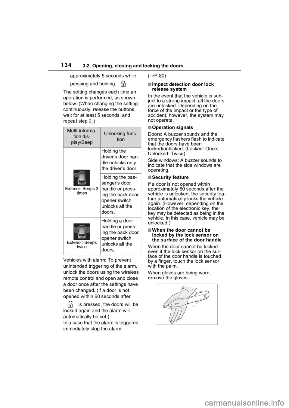 TOYOTA VENZA HYBRID 2022 Owners Manual 1343-2. Opening, closing and locking the doors
approximately 5 seconds while
pressing and holding .
The setting changes each time an
operation is performed, as shown
below. (When changing the sett TOYOTA VENZA HYBRID 2022 Owners Manual 1343-2. Opening, closing and locking the doors
approximately 5 seconds while
pressing and holding .
The setting changes each time an
operation is performed, as shown
below. (When changing the sett