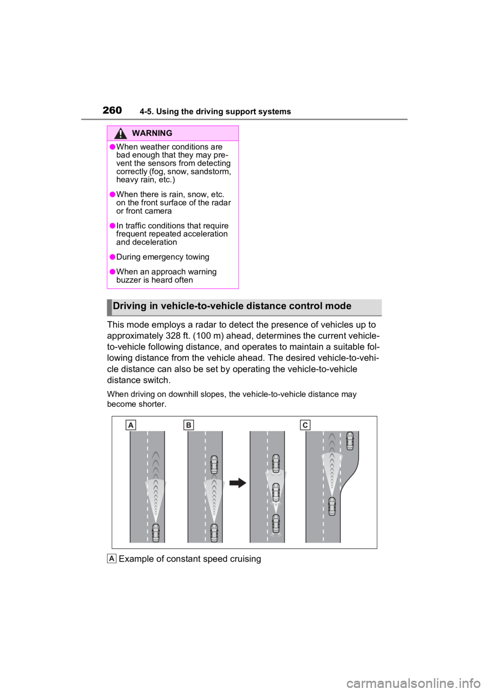 TOYOTA VENZA HYBRID 2022 Owners Manual 2604-5. Using the driving support systems
This mode employs a radar to detect the presence of vehicles up to
approximately 328 ft. (100 m) ahead, determines the current vehicle-
to-vehicle following TOYOTA VENZA HYBRID 2022 Owners Manual 2604-5. Using the driving support systems
This mode employs a radar to detect the presence of vehicles up to
approximately 328 ft. (100 m) ahead, determines the current vehicle-
to-vehicle following