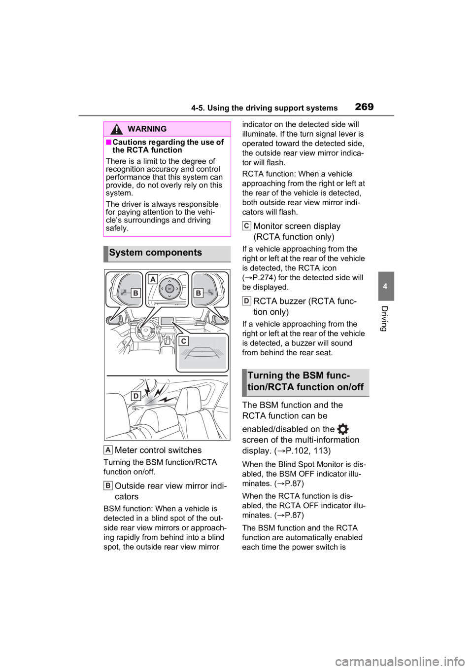 TOYOTA VENZA HYBRID 2022 Owners Manual 2694-5. Using the driving support systems
4
Driving
Meter control switches
Turning the BSM function/RCTA
function on/off.
Outside rear view mirror indi-
cators
BSM function: When a vehicle is
detect TOYOTA VENZA HYBRID 2022 Owners Manual 2694-5. Using the driving support systems
4
Driving
Meter control switches
Turning the BSM function/RCTA
function on/off.
Outside rear view mirror indi-
cators
BSM function: When a vehicle is
detect