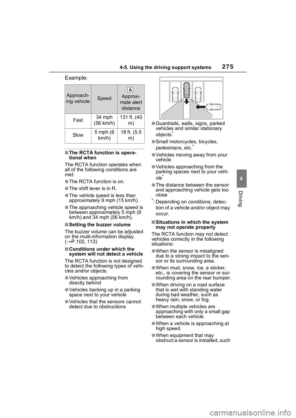 TOYOTA VENZA HYBRID 2022 Owners Manual 2754-5. Using the driving support systems
4
Driving
Example:
■The RCTA function is opera-
tional when
The RCTA function operates when
all of the followin g conditions are
met:
●The RCTA function TOYOTA VENZA HYBRID 2022 Owners Manual 2754-5. Using the driving support systems
4
Driving
Example:
■The RCTA function is opera-
tional when
The RCTA function operates when
all of the followin g conditions are
met:
●The RCTA function