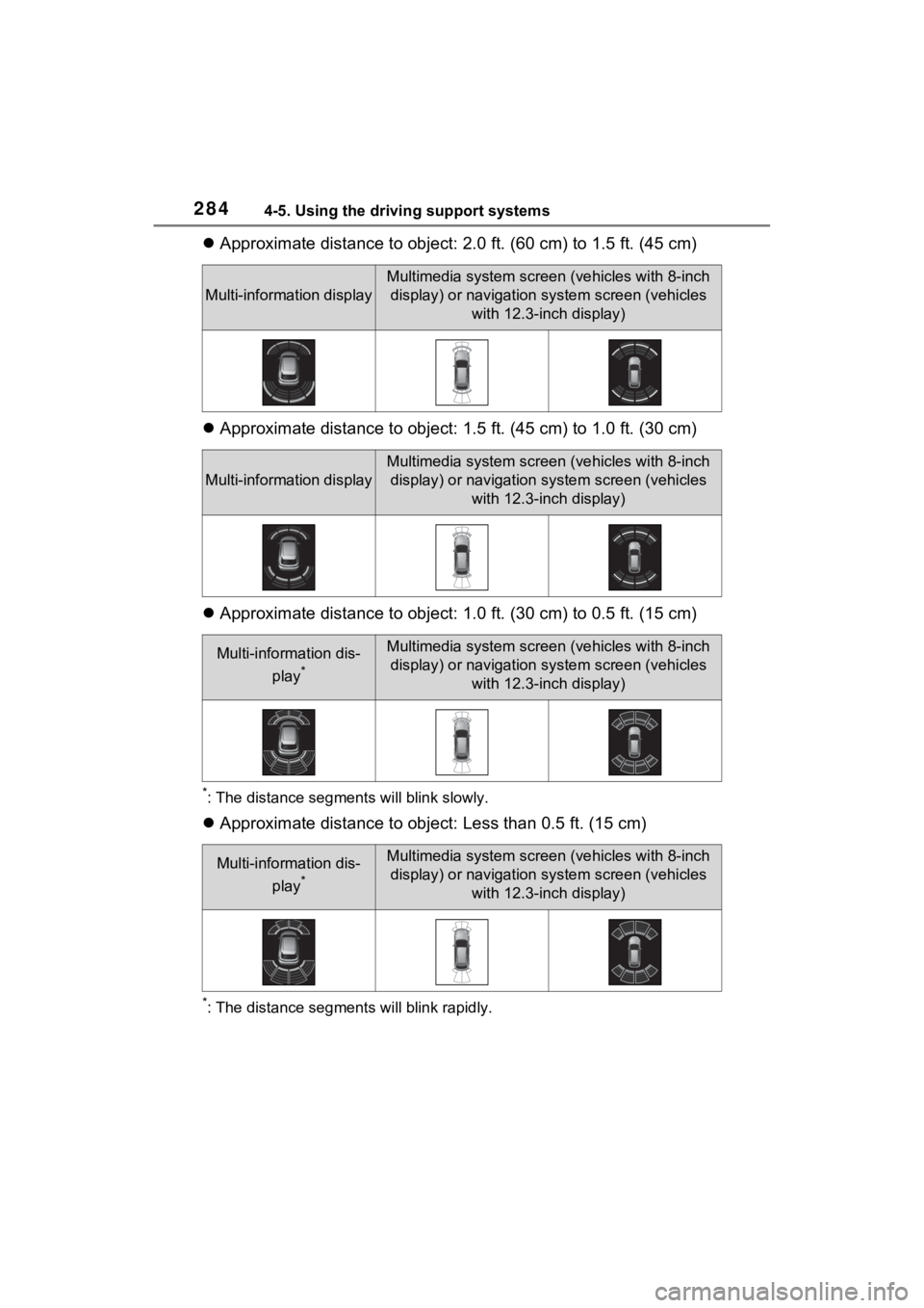 TOYOTA VENZA HYBRID 2022 Owners Manual 2844-5. Using the driving support systems
Approximate distance to object: 2.0 ft. (60 cm) to 1.5 ft. (45 cm)
Approximate distance to object: 1.5 ft. (45 cm) to 1.0 ft. (30 cm)
Approximate TOYOTA VENZA HYBRID 2022 Owners Manual 2844-5. Using the driving support systems
Approximate distance to object: 2.0 ft. (60 cm) to 1.5 ft. (45 cm)
Approximate distance to object: 1.5 ft. (45 cm) to 1.0 ft. (30 cm)
Approximate