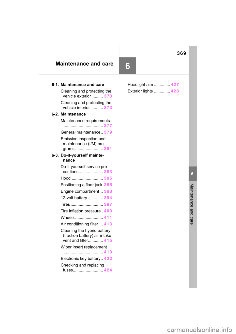 TOYOTA VENZA HYBRID 2022  Owners Manual 369
6
6
Maintenance and care
Maintenance and care
6-1. Maintenance and careCleaning and protecting the vehicle exterior .......... 370
Cleaning and protecting the  vehicle interior ........... 373
6-2