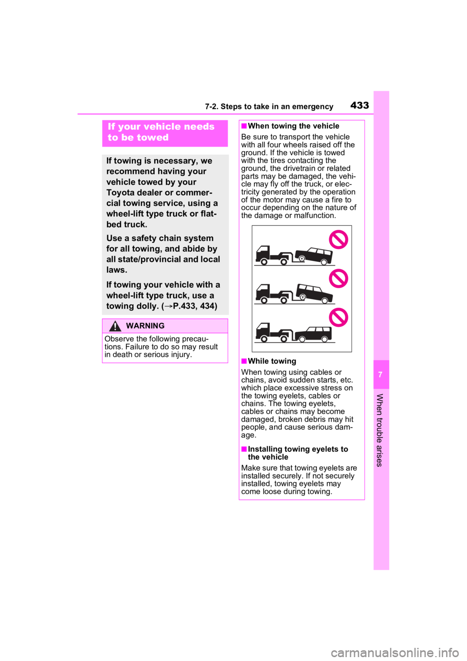 TOYOTA VENZA HYBRID 2022 Owners Manual 4337-2. Steps to take in an emergency
7
When trouble arises
7-2.Steps to take in an emergency
If your vehicle needs
to be towed
If towing is necessary, we
recommend having your
vehicle towed by you TOYOTA VENZA HYBRID 2022 Owners Manual 4337-2. Steps to take in an emergency
7
When trouble arises
7-2.Steps to take in an emergency
If your vehicle needs
to be towed
If towing is necessary, we
recommend having your
vehicle towed by you