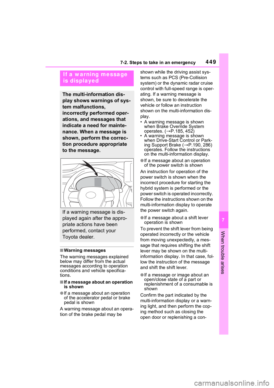 TOYOTA VENZA HYBRID 2022 Owners Manual 4497-2. Steps to take in an emergency
7
When trouble arises
■Warning messages
The warning messages explained
below may differ from the actual
messages according to operation
conditions and vehicl TOYOTA VENZA HYBRID 2022 Owners Manual 4497-2. Steps to take in an emergency
7
When trouble arises
■Warning messages
The warning messages explained
below may differ from the actual
messages according to operation
conditions and vehicl