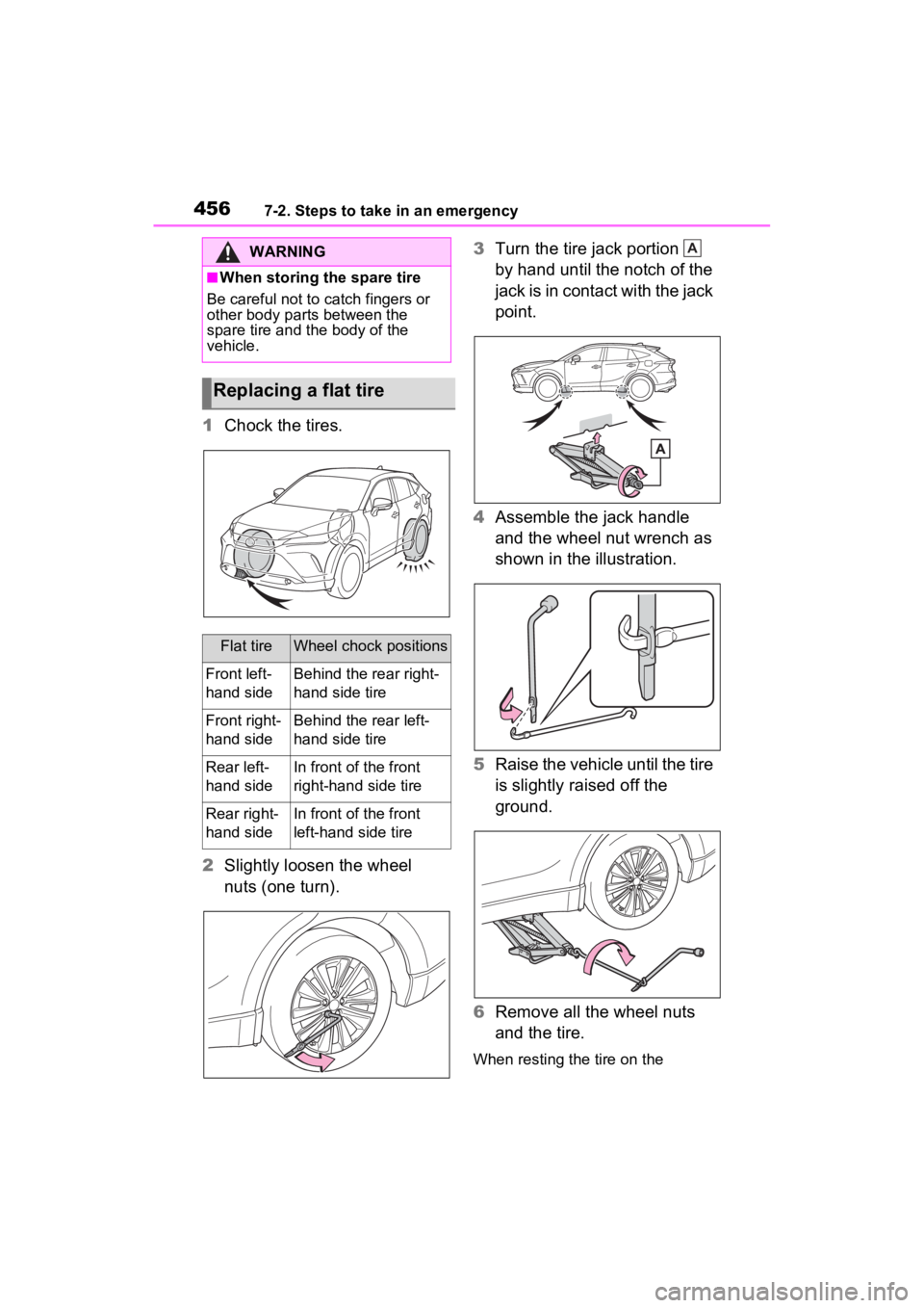 TOYOTA VENZA HYBRID 2022  Owners Manual 4567-2. Steps to take in an emergency
1Chock the tires.
2 Slightly loosen the wheel 
nuts (one turn). 3
Turn the tire jack portion   
by hand until the notch of the 
jack is in contact with the jack 
