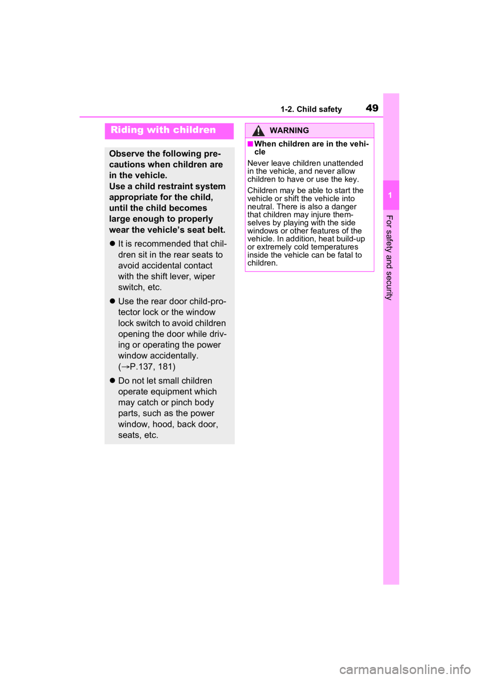 TOYOTA VENZA HYBRID 2022 Service Manual 491-2. Child safety
1
For safety and security
1-2.Child safety
Riding with children
Observe the following pre-
cautions when children are 
in the vehicle.
Use a child restraint system 
appropriate for