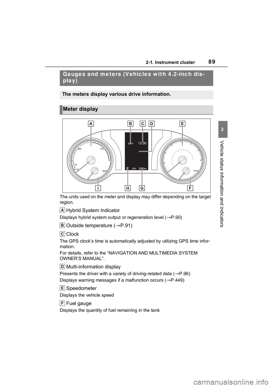 TOYOTA VENZA HYBRID 2022 Manual Online 892-1. Instrument cluster
2
Vehicle status information and indicators
The units used on the meter and display may differ depending on the target
region.
Hybrid System Indicator
Displays hybrid system TOYOTA VENZA HYBRID 2022 Manual Online 892-1. Instrument cluster
2
Vehicle status information and indicators
The units used on the meter and display may differ depending on the target
region.
Hybrid System Indicator
Displays hybrid system