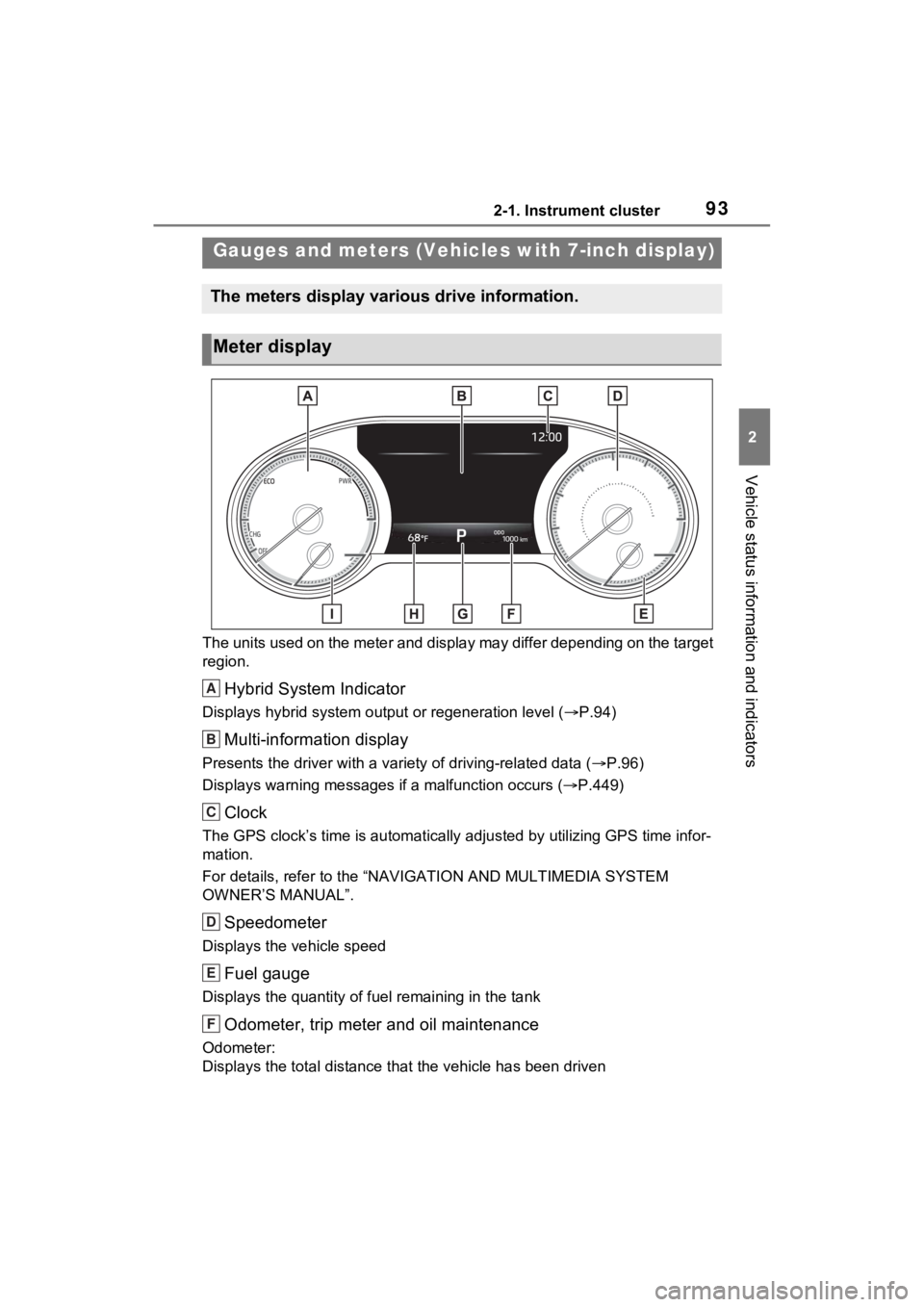 TOYOTA VENZA HYBRID 2022 Owners Manual 932-1. Instrument cluster
2
Vehicle status information and indicators
The units used on the meter and display may differ depending on the target
region.
Hybrid System Indicator
Displays hybrid system TOYOTA VENZA HYBRID 2022 Owners Manual 932-1. Instrument cluster
2
Vehicle status information and indicators
The units used on the meter and display may differ depending on the target
region.
Hybrid System Indicator
Displays hybrid system
