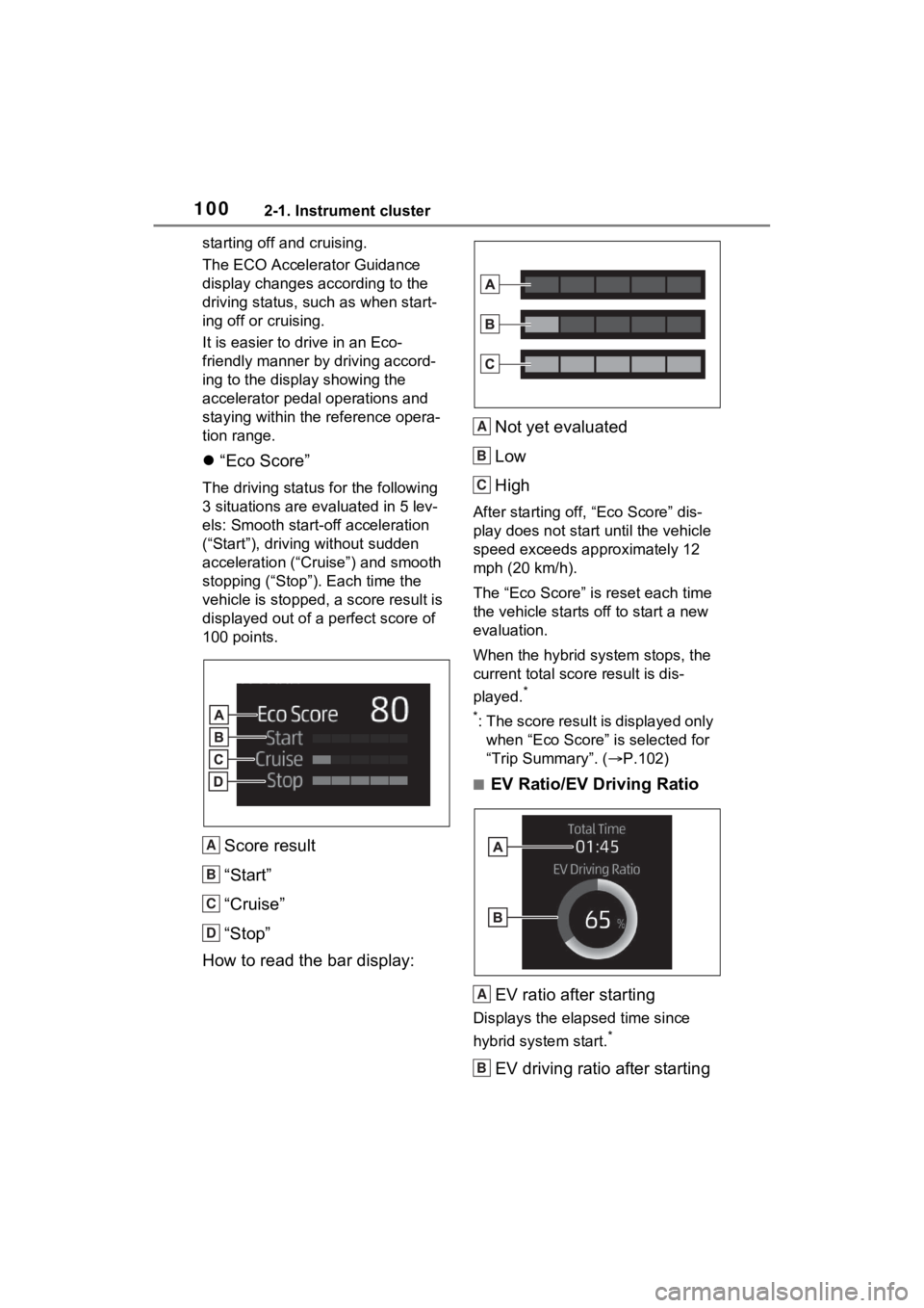 TOYOTA VENZA HYBRID 2022  Owners Manual 1002-1. Instrument cluster
starting off and cruising.
The ECO Accelerator Guidance 
display changes according to the 
driving status, such as when start-
ing off or cruising.
It is easier to drive in 