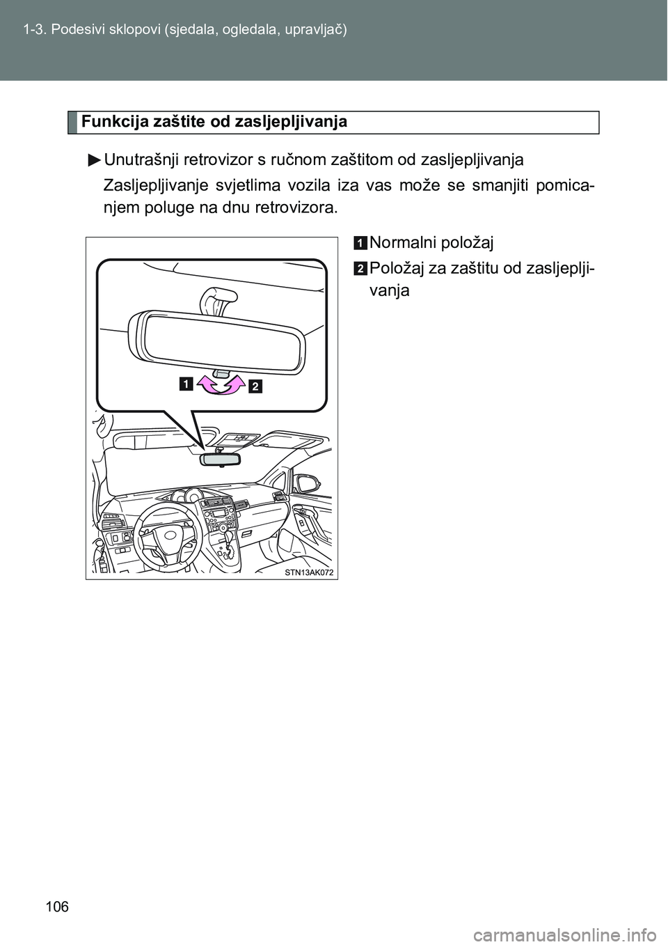 TOYOTA VERSO 2017 Upute Za Rukovanje (in Croatian) 106 1-3. Podesivi sklopovi (sjedala, ogledala, upravljač)
Funkcija zaštite od zasljepljivanja
Unutrašnji retrovizor s ručnom zaštitom od zasljepljivanja
Zasljepljivanje svjetlima vozila iza va TOYOTA VERSO 2017 Upute Za Rukovanje (in Croatian) 106 1-3. Podesivi sklopovi (sjedala, ogledala, upravljač)
Funkcija zaštite od zasljepljivanja
Unutrašnji retrovizor s ručnom zaštitom od zasljepljivanja
Zasljepljivanje svjetlima vozila iza va