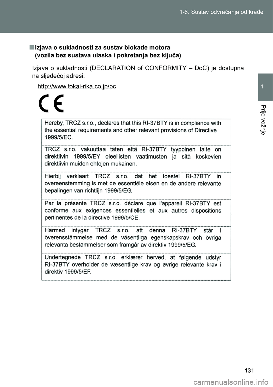 TOYOTA VERSO 2017  Upute Za Rukovanje (in Croatian) 131 1-6. Sustav odvraćanja od krađe
1
Prije vožnje
nIzjava o sukladnosti za sustav blokade motora 
(vozila bez sustava ulaska i pokretanja bez ključa)
Izjava  o  sukladnosti  (DECLARATION  of  CON