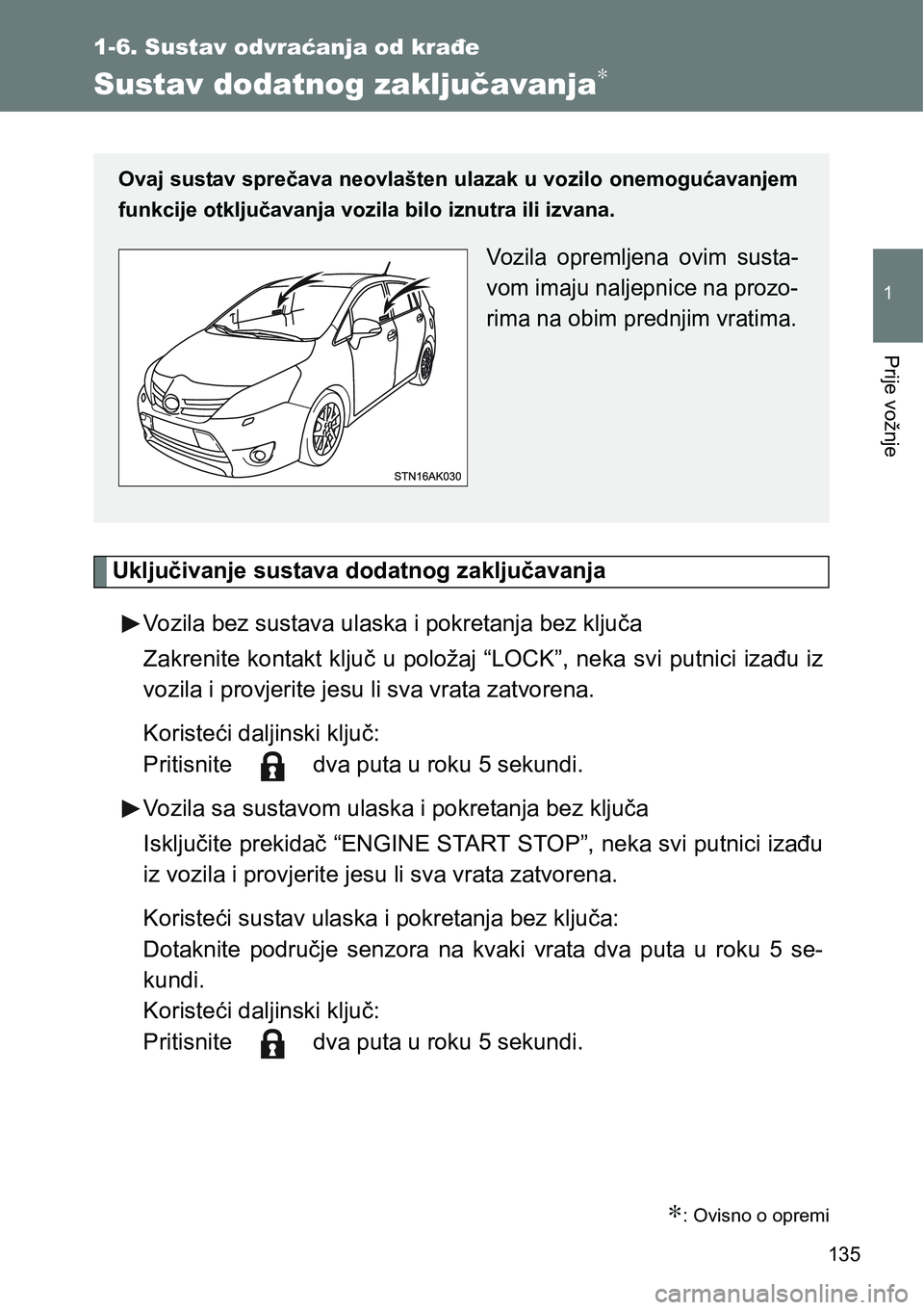 TOYOTA VERSO 2017  Upute Za Rukovanje (in Croatian) 135
1
1-6. Sustav odvraćanja od krađe
Prije vožnje
Sustav dodatnog zaključavanja∗
Uključivanje sustava dodatnog zaključavanja
Vozila bez sustava ulaska i pokretanja bez ključa
Zakrenite konta