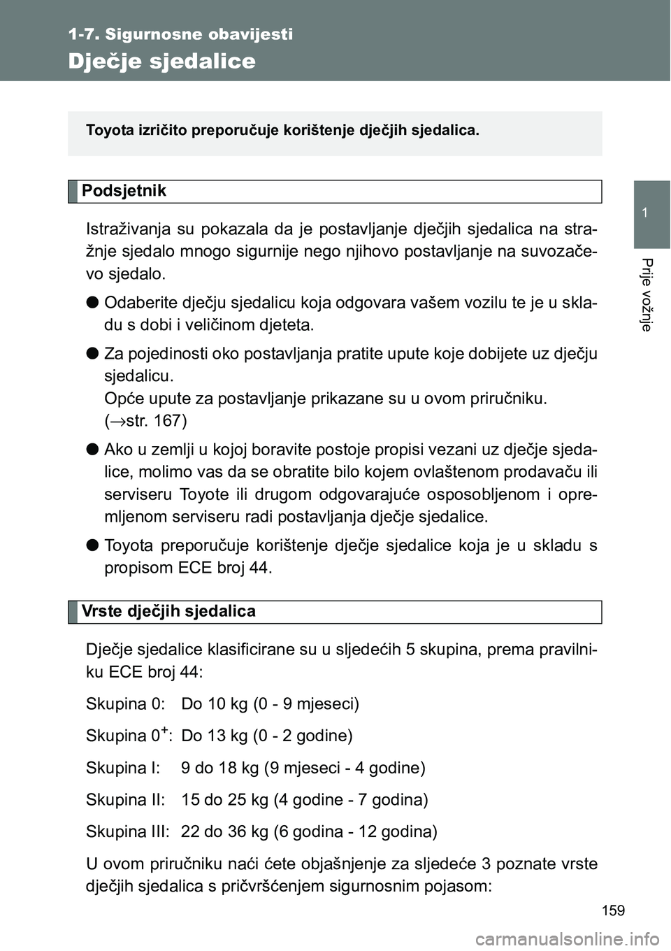 TOYOTA VERSO 2017 Upute Za Rukovanje (in Croatian) 159
1
1-7. Sigurnosne obavijesti
Prije vožnje
Dječje sjedalice
Podsjetnik
Istraživanja su pokazala da je postavljanje dječjih sjedalica na stra-
žnje sjedalo mnogo sigurnije nego njihovo TOYOTA VERSO 2017 Upute Za Rukovanje (in Croatian) 159
1
1-7. Sigurnosne obavijesti
Prije vožnje
Dječje sjedalice
Podsjetnik
Istraživanja su pokazala da je postavljanje dječjih sjedalica na stra-
žnje sjedalo mnogo sigurnije nego njihovo
