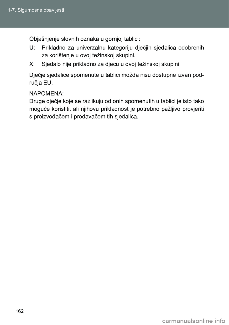 TOYOTA VERSO 2017 Upute Za Rukovanje (in Croatian) 162 1-7. Sigurnosne obavijesti
Objašnjenje slovnih oznaka u gornjoj tablici:
U: Prikladno za univerzalnu kategoriju dječjih sjedalica odobrenih
za korištenje u ovoj težinskoj skupini.
X: Sje TOYOTA VERSO 2017 Upute Za Rukovanje (in Croatian) 162 1-7. Sigurnosne obavijesti
Objašnjenje slovnih oznaka u gornjoj tablici:
U: Prikladno za univerzalnu kategoriju dječjih sjedalica odobrenih
za korištenje u ovoj težinskoj skupini.
X: Sje