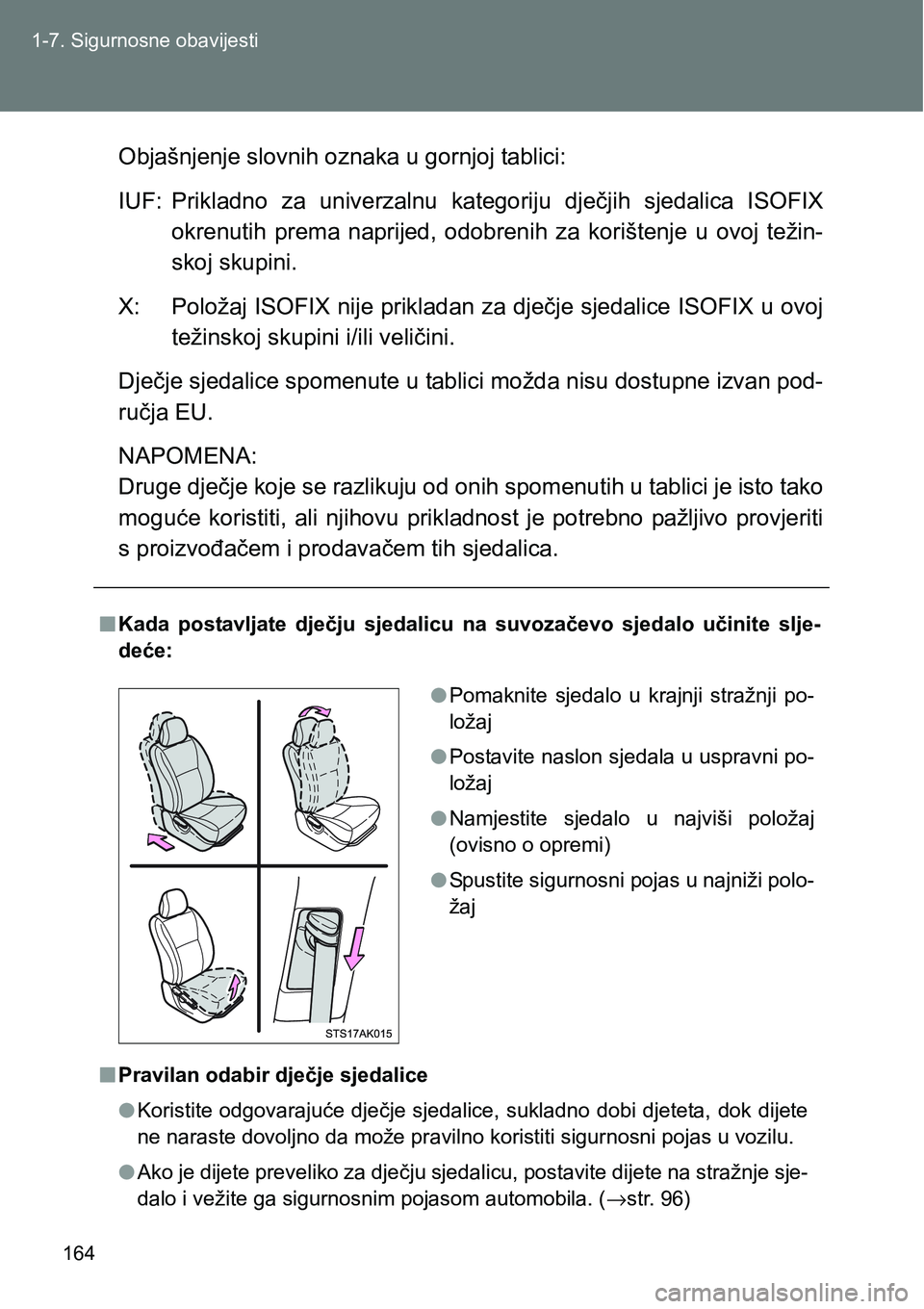 TOYOTA VERSO 2017 Upute Za Rukovanje (in Croatian) 164 1-7. Sigurnosne obavijesti
Objašnjenje slovnih oznaka u gornjoj tablici:
IUF: Prikladno za univerzalnu kategoriju dječjih sjedalica ISOFIX
okrenutih prema naprijed, odobrenih za kori TOYOTA VERSO 2017 Upute Za Rukovanje (in Croatian) 164 1-7. Sigurnosne obavijesti
Objašnjenje slovnih oznaka u gornjoj tablici:
IUF: Prikladno za univerzalnu kategoriju dječjih sjedalica ISOFIX
okrenutih prema naprijed, odobrenih za kori