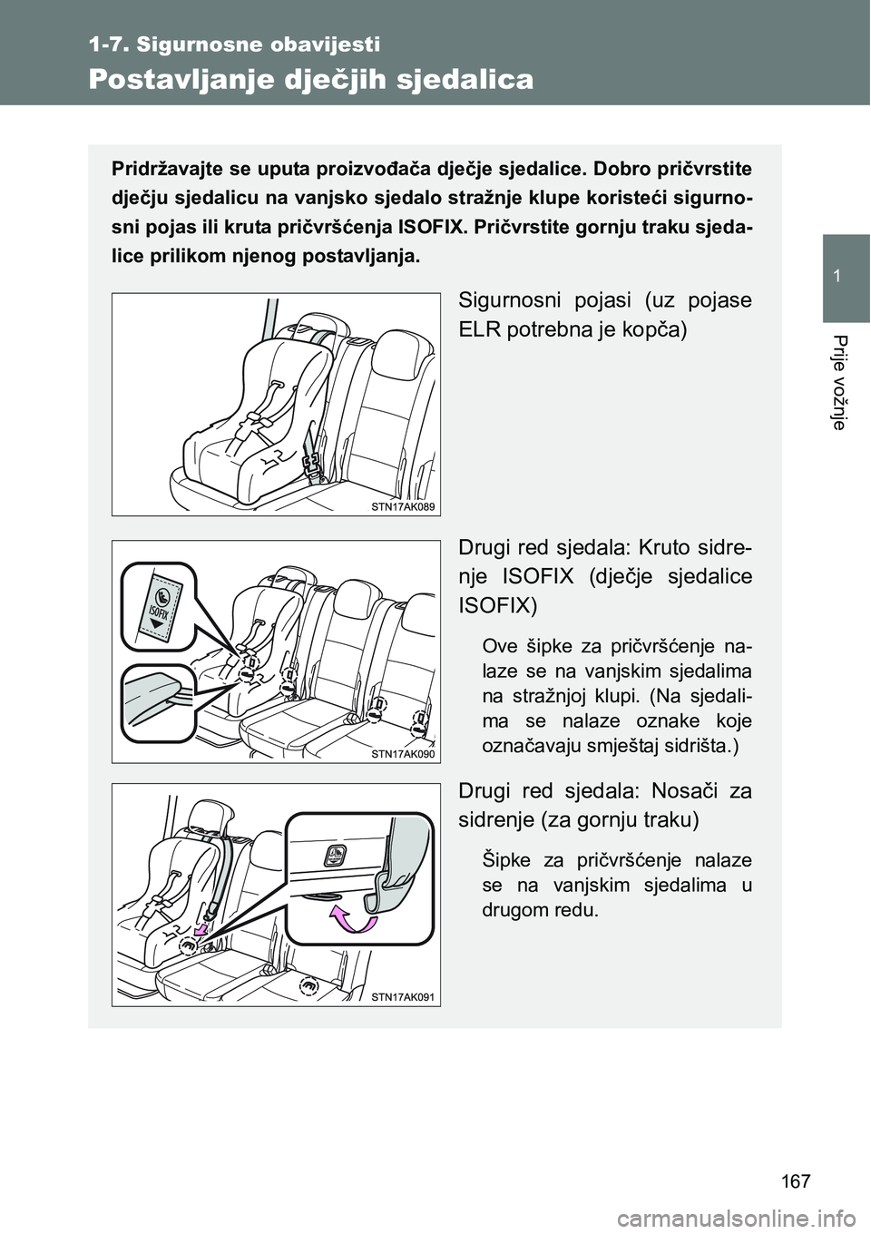 TOYOTA VERSO 2017 Upute Za Rukovanje (in Croatian) 167
1
1-7. Sigurnosne obavijesti
Prije vožnje
Postavljanje dječjih sjedalica
Pridržavajte se uputa proizvođača dječje sjedalice. Dobro pričvrstite
dječju sjedalicu na vanjsko sjedalo stražnje TOYOTA VERSO 2017 Upute Za Rukovanje (in Croatian) 167
1
1-7. Sigurnosne obavijesti
Prije vožnje
Postavljanje dječjih sjedalica
Pridržavajte se uputa proizvođača dječje sjedalice. Dobro pričvrstite
dječju sjedalicu na vanjsko sjedalo stražnje
