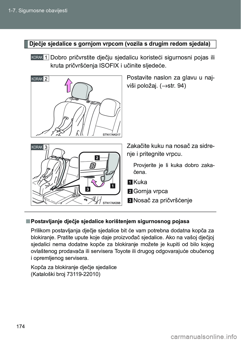 TOYOTA VERSO 2017 Upute Za Rukovanje (in Croatian) 174 1-7. Sigurnosne obavijesti
Dječje sjedalice s gornjom vrpcom (vozila s drugim redom sjedala)
Dobro pričvrstite dječju sjedalicu koristeći sigurnosni pojas ili
kruta pričvršćenja ISOF TOYOTA VERSO 2017 Upute Za Rukovanje (in Croatian) 174 1-7. Sigurnosne obavijesti
Dječje sjedalice s gornjom vrpcom (vozila s drugim redom sjedala)
Dobro pričvrstite dječju sjedalicu koristeći sigurnosni pojas ili
kruta pričvršćenja ISOF