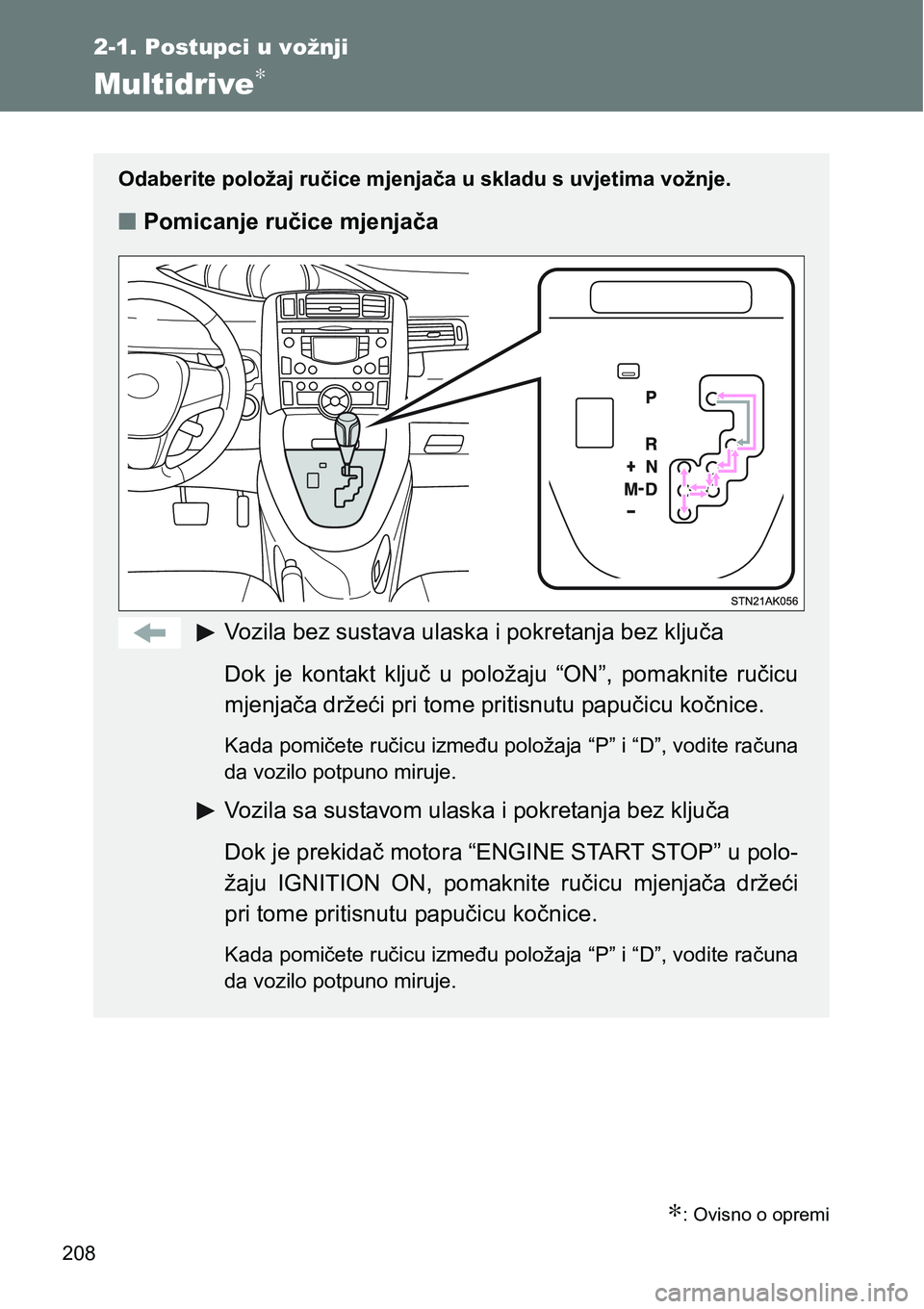 TOYOTA VERSO 2017  Upute Za Rukovanje (in Croatian) 208
2-1. Postupci u vožnji
Multidrive∗
∗: Ovisno o opremi
Odaberite položaj ručice mjenjača u skladu s uvjetima vožnje.
nPomicanje ručice mjenjača
Vozila bez sustava ulaska i pokretanja bez
