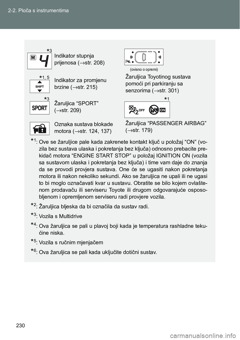 TOYOTA VERSO 2017  Upute Za Rukovanje (in Croatian) 230 2-2. Ploča s instrumentima
*1: Ove se žaruljice pale kada zakrenete kontakt ključ u položaj “ON” (vo-
zila bez sustava ulaska i pokretanja bez ključa) odnosno prebacite pre-
kidač motora