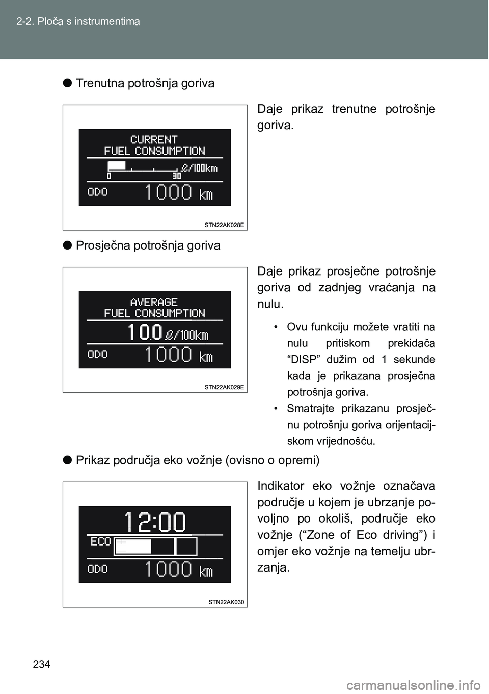 TOYOTA VERSO 2017  Upute Za Rukovanje (in Croatian) 234 2-2. Ploča s instrumentima
lTrenutna potrošnja goriva
Daje  prikaz  trenutne  potrošnje
goriva. 
lProsječna potrošnja goriva
Daje  prikaz  prosječne  potrošnje
goriva  od  zadnjeg  vraćanj