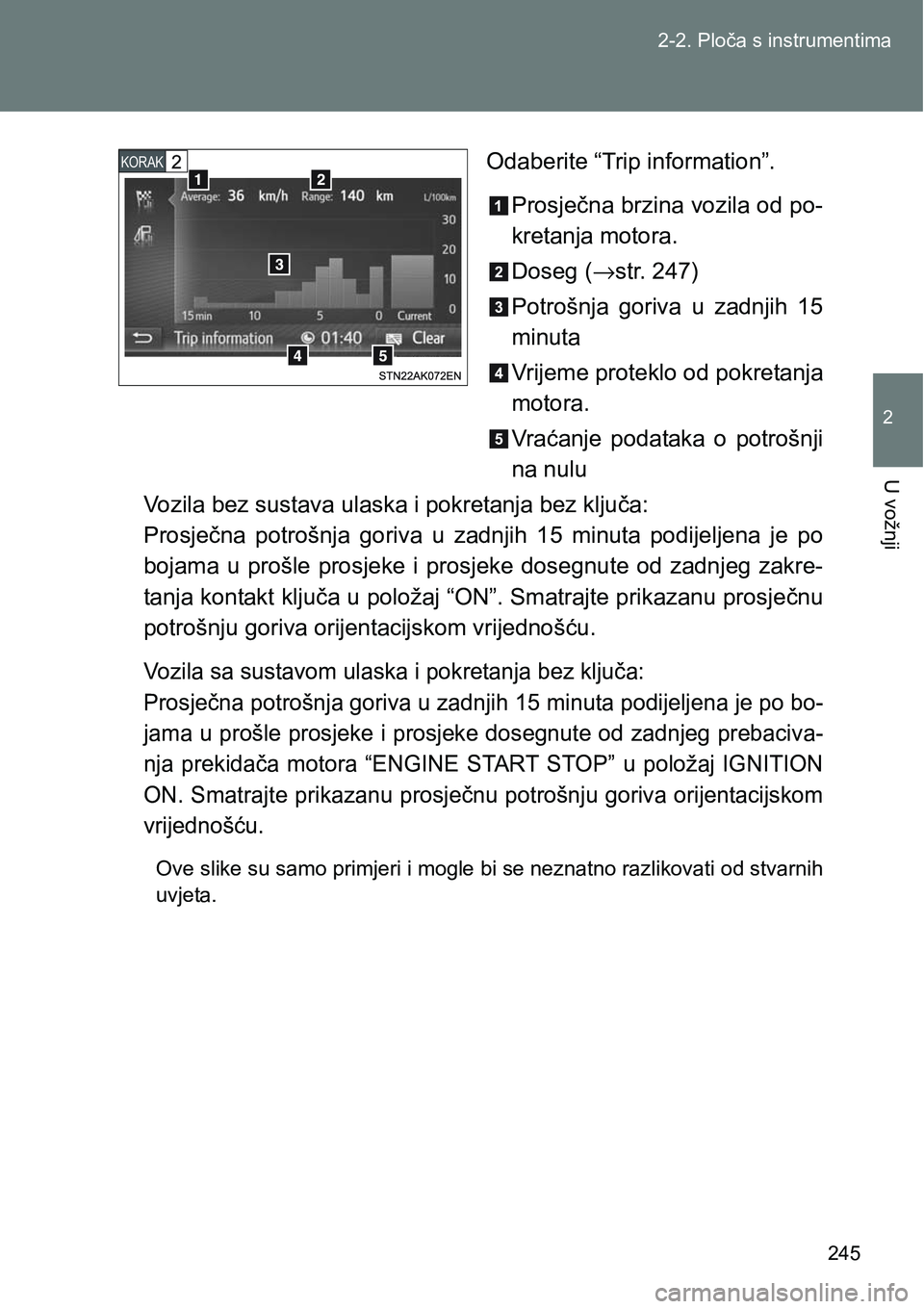 TOYOTA VERSO 2017  Upute Za Rukovanje (in Croatian) 245 2-2. Ploča s instrumentima
2
U vožnji
Odaberite “Trip information”.
Prosječna brzina vozila od po-
kretanja motora.
Doseg (→str. 247)
Potrošnja  goriva  u  zadnjih  15
minuta
Vrijeme pro