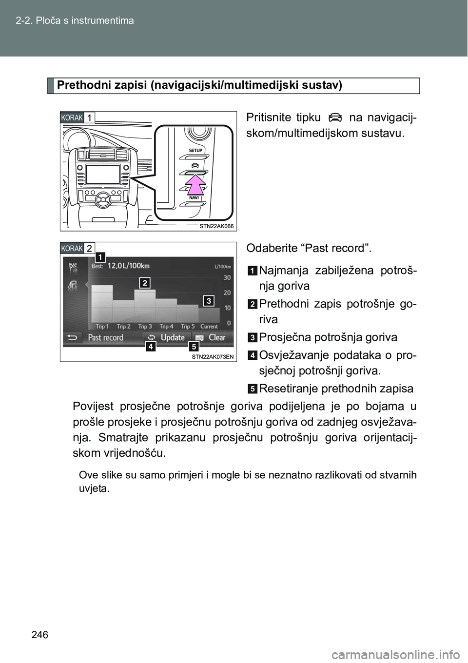 TOYOTA VERSO 2017  Upute Za Rukovanje (in Croatian) 246 2-2. Ploča s instrumentima
Prethodni zapisi (navigacijski/multimedijski sustav)
Pritisnite  tipku    na  navigacij-
skom/multimedijskom sustavu.
Odaberite “Past record”.
Najmanja  zabilježen