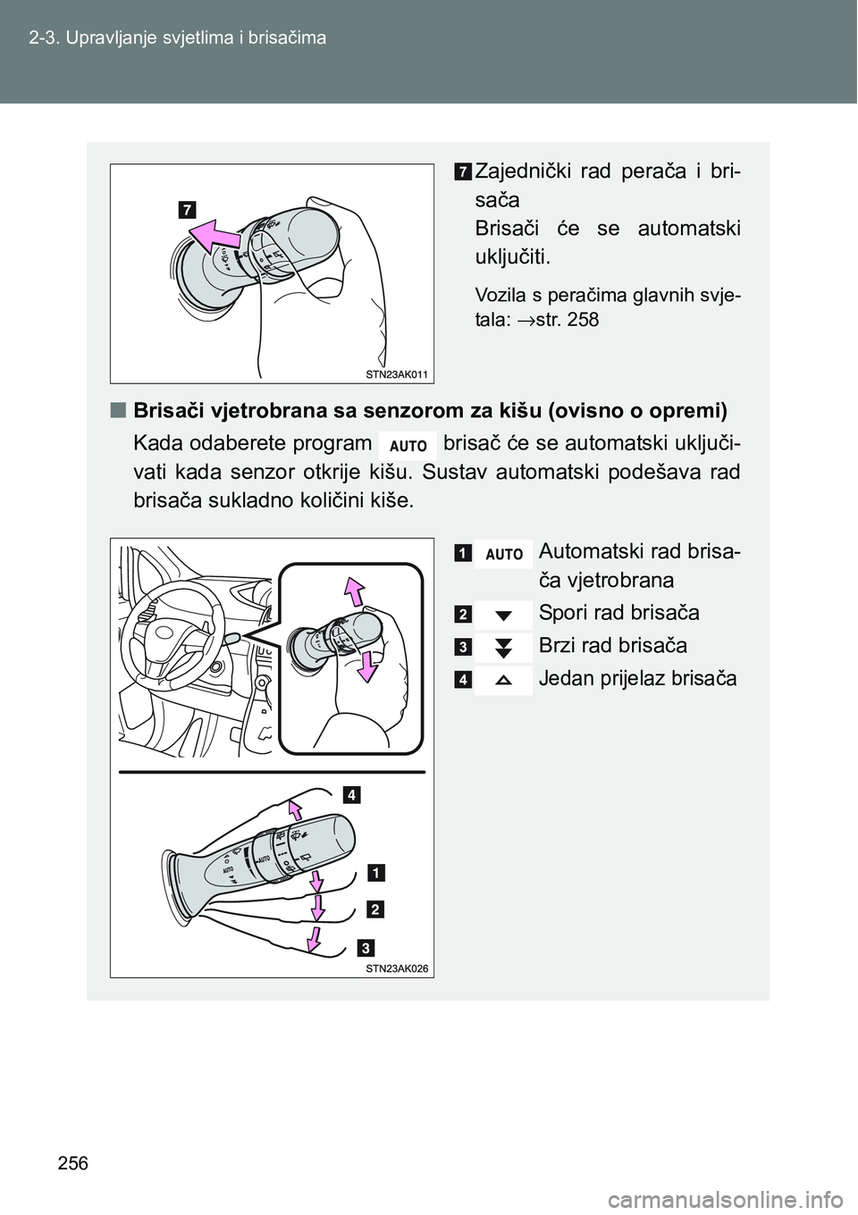 TOYOTA VERSO 2017 Upute Za Rukovanje (in Croatian) 256 2-3. Upravljanje svjetlima i brisačima
Zajednički rad perača i bri-
sača
Brisači će se automatski
uključiti.
Vozila s peračima glavnih svje-
tala: →str. 258
nBrisači vjetrobrana TOYOTA VERSO 2017 Upute Za Rukovanje (in Croatian) 256 2-3. Upravljanje svjetlima i brisačima
Zajednički rad perača i bri-
sača
Brisači će se automatski
uključiti.
Vozila s peračima glavnih svje-
tala: →str. 258
nBrisači vjetrobrana