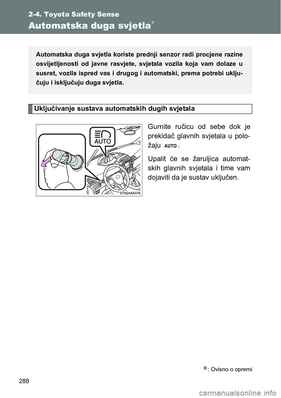 TOYOTA VERSO 2017 Upute Za Rukovanje (in Croatian) 288
2-4. Toyota Safety Sense
Automatska duga svjetla∗
Uključivanje sustava automatskih dugih svjetala
Gurnite ručicu od sebe dok je
prekidač glavnih svjetala u polo-
žaju .
Upalit će TOYOTA VERSO 2017 Upute Za Rukovanje (in Croatian) 288
2-4. Toyota Safety Sense
Automatska duga svjetla∗
Uključivanje sustava automatskih dugih svjetala
Gurnite ručicu od sebe dok je
prekidač glavnih svjetala u polo-
žaju .
Upalit će