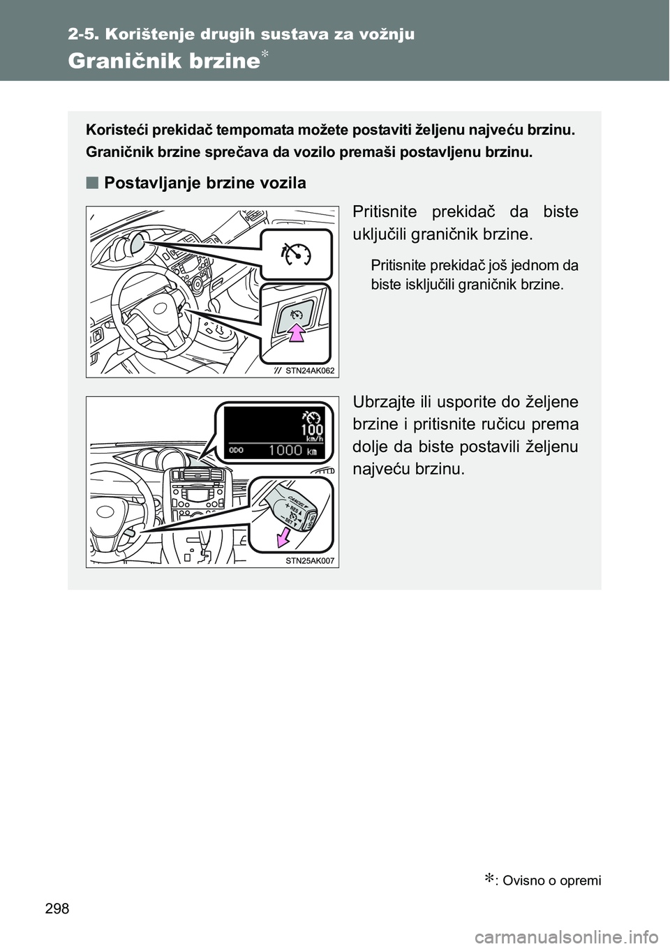 TOYOTA VERSO 2017 Upute Za Rukovanje (in Croatian) 298
2-5. Korištenje drugih sustava za vožnju
Graničnik brzine∗
∗: Ovisno o opremi
Koristeći prekidač tempomata možete postaviti željenu najveću brzinu.
Graničnik brzine sprečava da vozi TOYOTA VERSO 2017 Upute Za Rukovanje (in Croatian) 298
2-5. Korištenje drugih sustava za vožnju
Graničnik brzine∗
∗: Ovisno o opremi
Koristeći prekidač tempomata možete postaviti željenu najveću brzinu.
Graničnik brzine sprečava da vozi