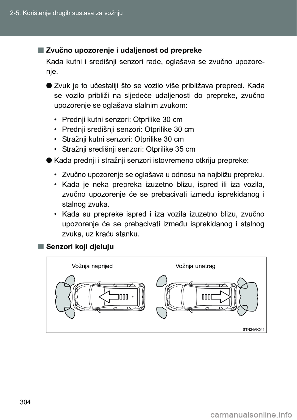 TOYOTA VERSO 2017  Upute Za Rukovanje (in Croatian) 304 2-5. Korištenje drugih sustava za vožnju
nZvučno upozorenje i udaljenost od prepreke
Kada  kutni  i  središnji  senzori rade,  oglašava  se  zvučno  upozore-
nje.
lZvuk  je  to  učestaliji 