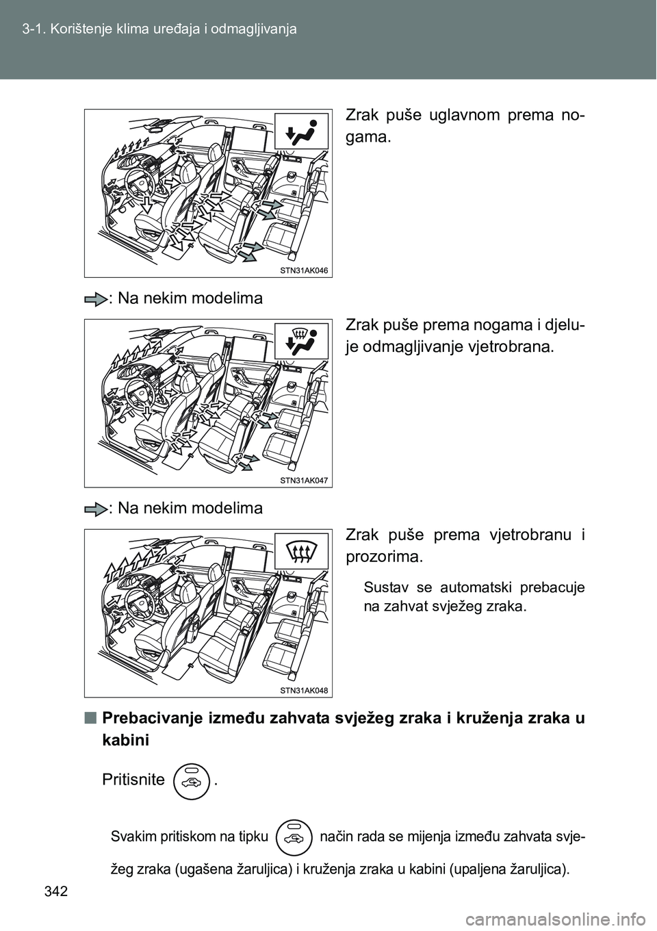 TOYOTA VERSO 2017 Upute Za Rukovanje (in Croatian) 342 3-1. Korištenje klima uređaja i odmagljivanja
Zrak puše uglavnom prema no-
gama.
: Na nekim modelima
Zrak puše prema nogama i djelu-
je odmagljivanje vjetrobrana.
: Na nekim modelima
Zrak TOYOTA VERSO 2017 Upute Za Rukovanje (in Croatian) 342 3-1. Korištenje klima uređaja i odmagljivanja
Zrak puše uglavnom prema no-
gama.
: Na nekim modelima
Zrak puše prema nogama i djelu-
je odmagljivanje vjetrobrana.
: Na nekim modelima
Zrak
