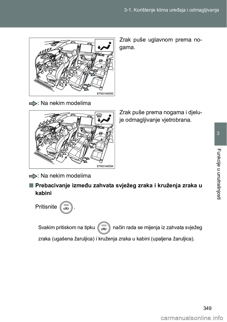 TOYOTA VERSO 2017 Upute Za Rukovanje (in Croatian) 349 3-1. Korištenje klima uređaja i odmagljivanja
3
Funkcije u unutrašnjosti
Zrak puše uglavnom prema no-
gama.
: Na nekim modelima
Zrak puše prema nogama i djelu-
je odmagljivanje vjetrobran TOYOTA VERSO 2017 Upute Za Rukovanje (in Croatian) 349 3-1. Korištenje klima uređaja i odmagljivanja
3
Funkcije u unutrašnjosti
Zrak puše uglavnom prema no-
gama.
: Na nekim modelima
Zrak puše prema nogama i djelu-
je odmagljivanje vjetrobran