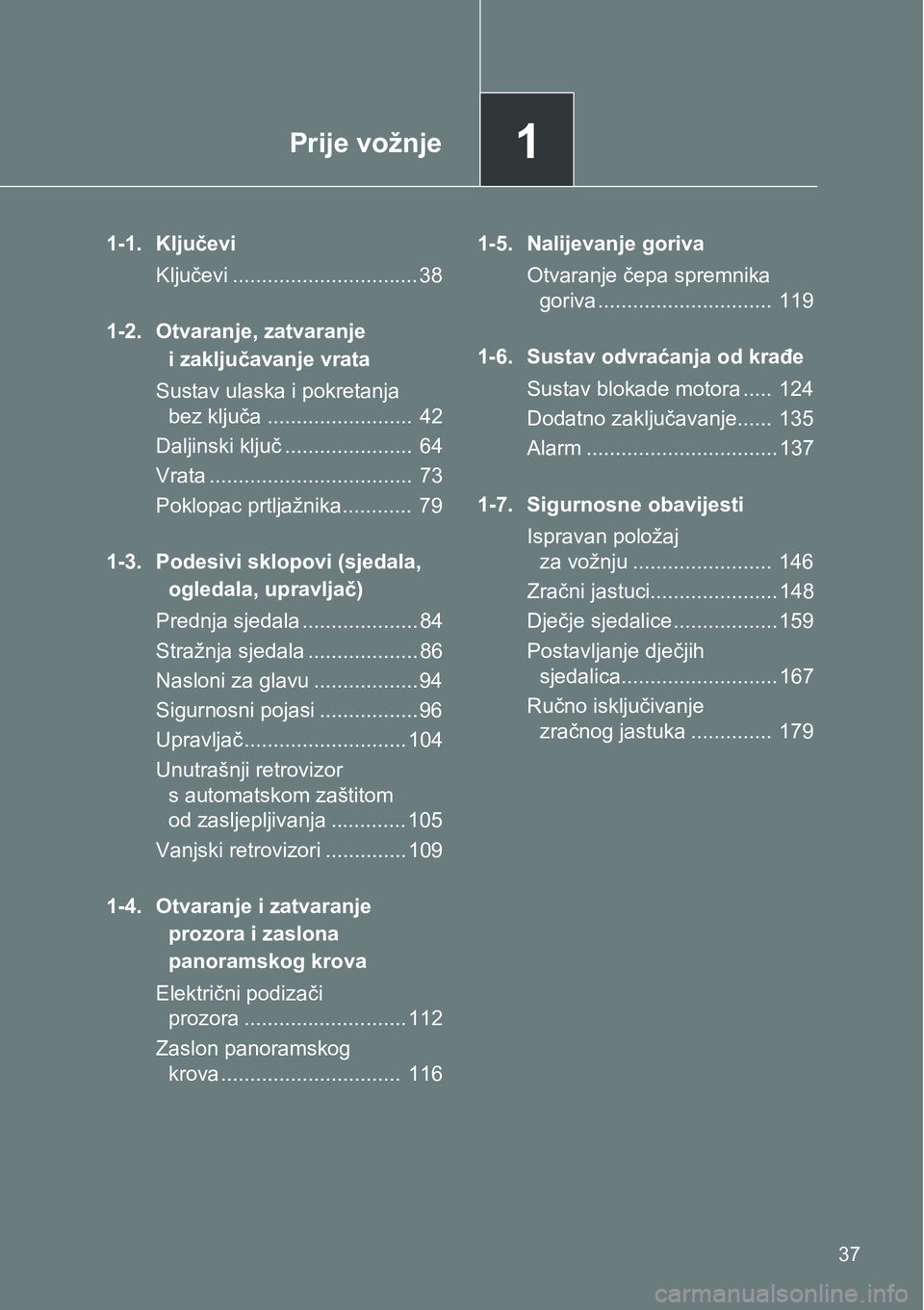 TOYOTA VERSO 2017 Upute Za Rukovanje (in Croatian) 1Prije vožnje
37
1-1. Ključevi
Ključevi ................................ 38
1-2. Otvaranje, zatvaranje
i zaključavanje vrata
Sustav ulaska i pokretanja
bez ključa ......................... 42
TOYOTA VERSO 2017 Upute Za Rukovanje (in Croatian) 1Prije vožnje
37
1-1. Ključevi
Ključevi ................................ 38
1-2. Otvaranje, zatvaranje
i zaključavanje vrata
Sustav ulaska i pokretanja
bez ključa ......................... 42