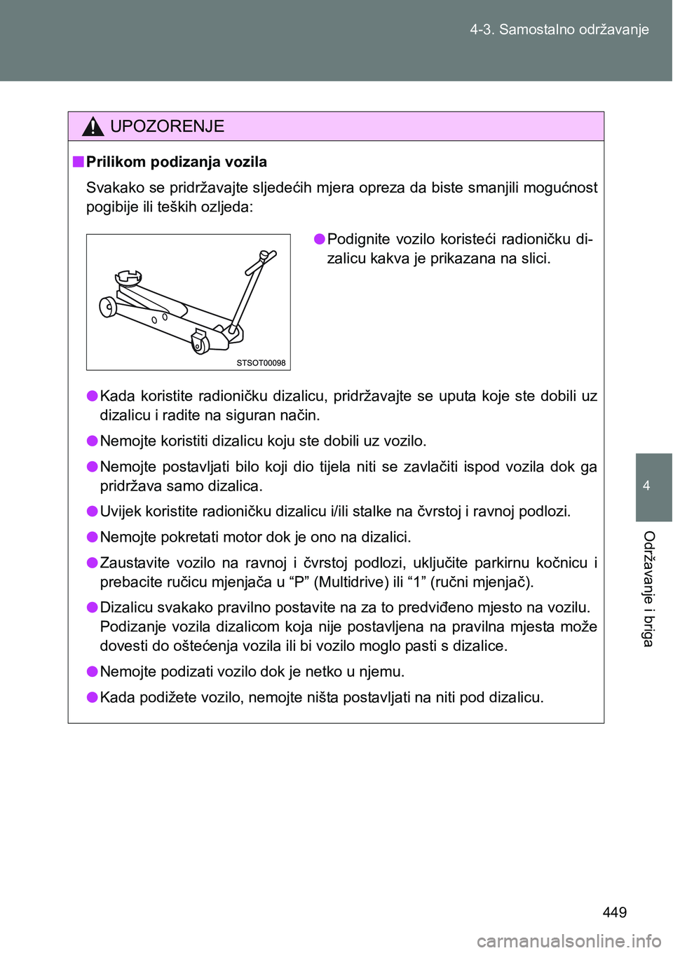 TOYOTA VERSO 2017 Upute Za Rukovanje (in Croatian) 449 4-3. Samostalno održavanje
4
Održavanje i briga
UPOZORENJE
nPrilikom podizanja vozila
Svakako se pridržavajte sljedećih mjera opreza da biste smanjili mogućnost
pogibije ili teških ozljeda:
TOYOTA VERSO 2017 Upute Za Rukovanje (in Croatian) 449 4-3. Samostalno održavanje
4
Održavanje i briga
UPOZORENJE
nPrilikom podizanja vozila
Svakako se pridržavajte sljedećih mjera opreza da biste smanjili mogućnost
pogibije ili teških ozljeda: