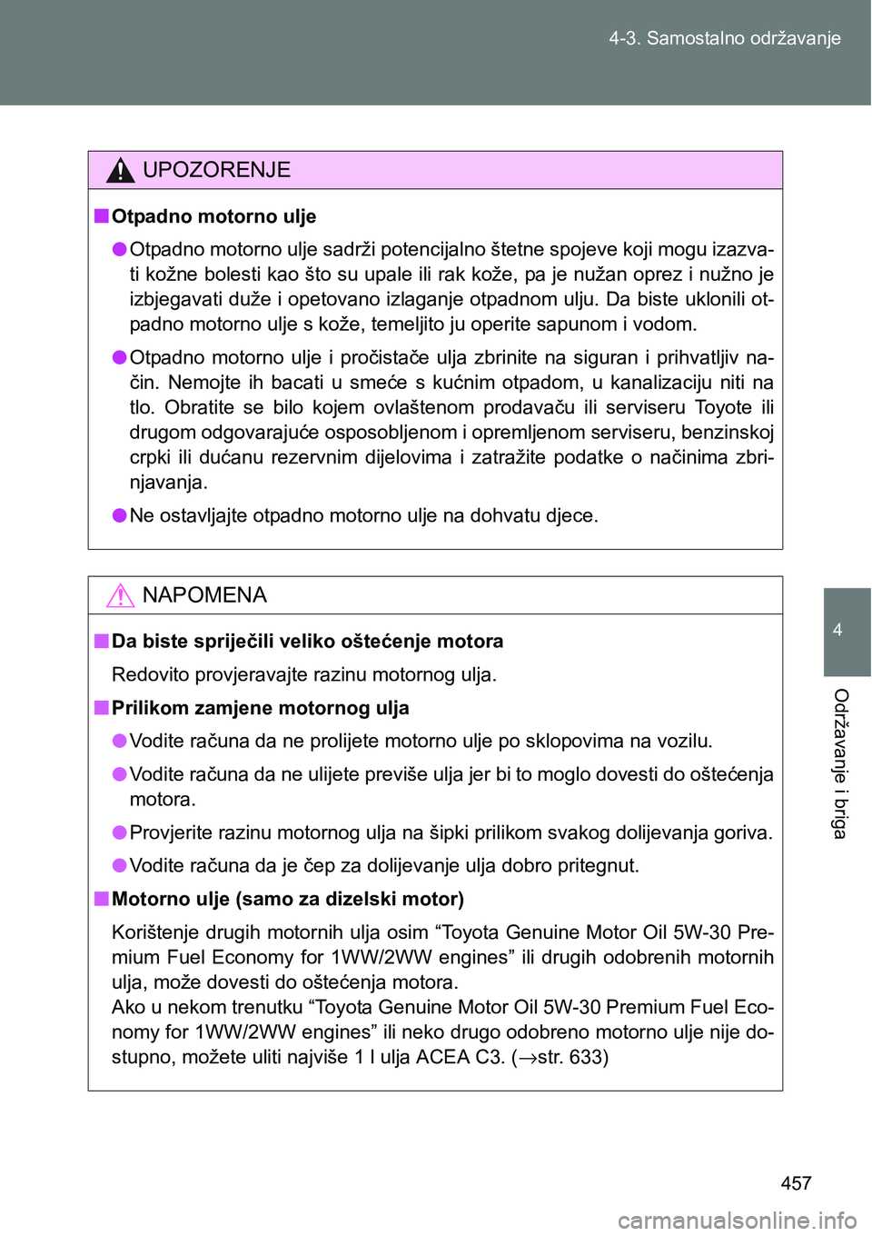 TOYOTA VERSO 2017 Upute Za Rukovanje (in Croatian) 457 4-3. Samostalno održavanje
4
Održavanje i briga
UPOZORENJE
nOtpadno motorno ulje
lOtpadno motorno ulje sadrži potencijalno štetne spojeve koji mogu izazva-
ti kožne bolesti kao što su upale TOYOTA VERSO 2017 Upute Za Rukovanje (in Croatian) 457 4-3. Samostalno održavanje
4
Održavanje i briga
UPOZORENJE
nOtpadno motorno ulje
lOtpadno motorno ulje sadrži potencijalno štetne spojeve koji mogu izazva-
ti kožne bolesti kao što su upale